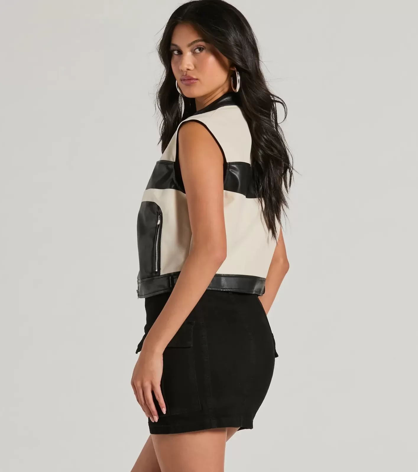 Windsor Meet The Crew Contrast Moto Faux Leather Vest BLK/WHT Outlet