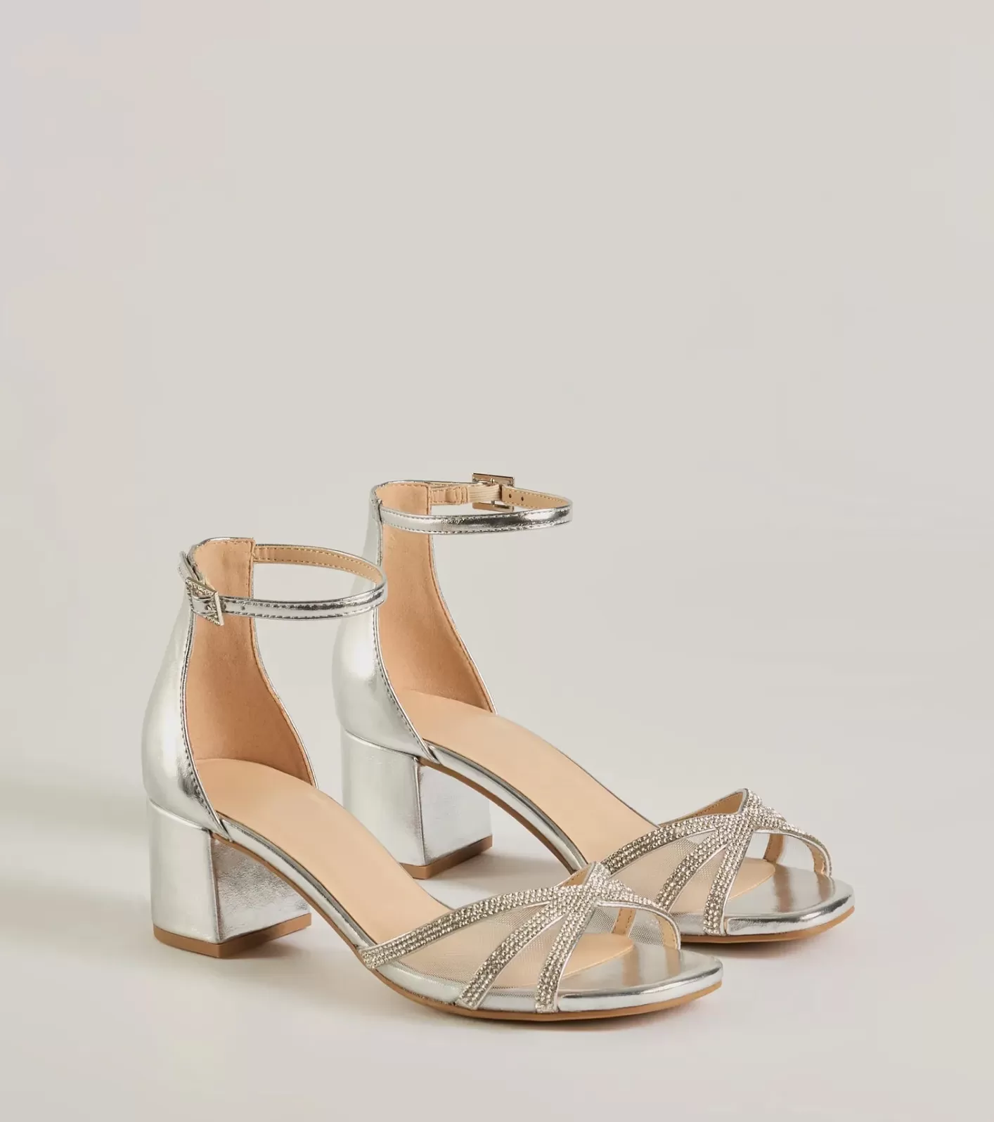 Windsor Mesmerizing Luxe Strappy Rhinestone Low-Block Heels SILVER Clearance