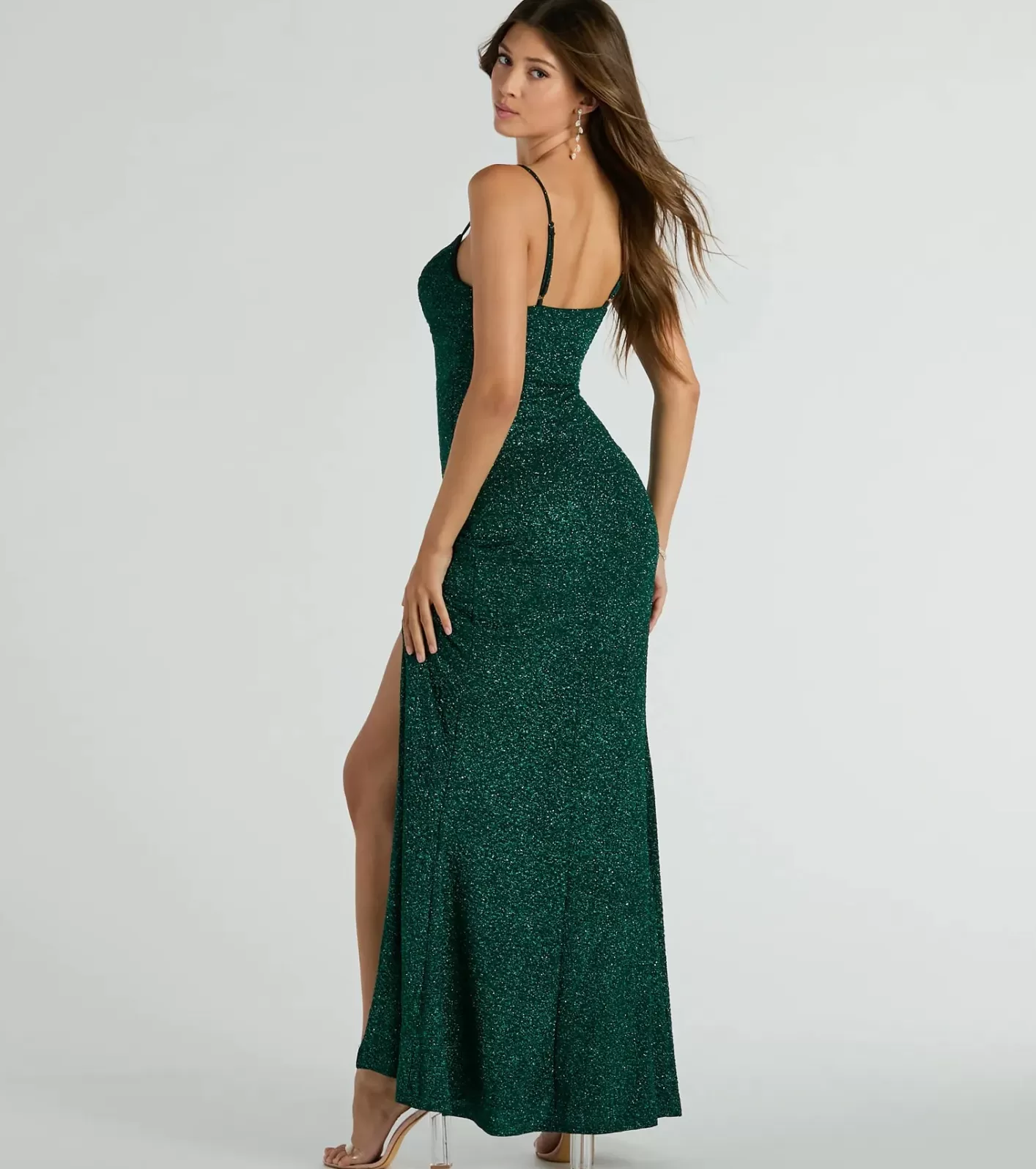 Windsor Mila Cowl Neck Wrap Slit Mermaid Glitter Formal Dress HUNTER Best