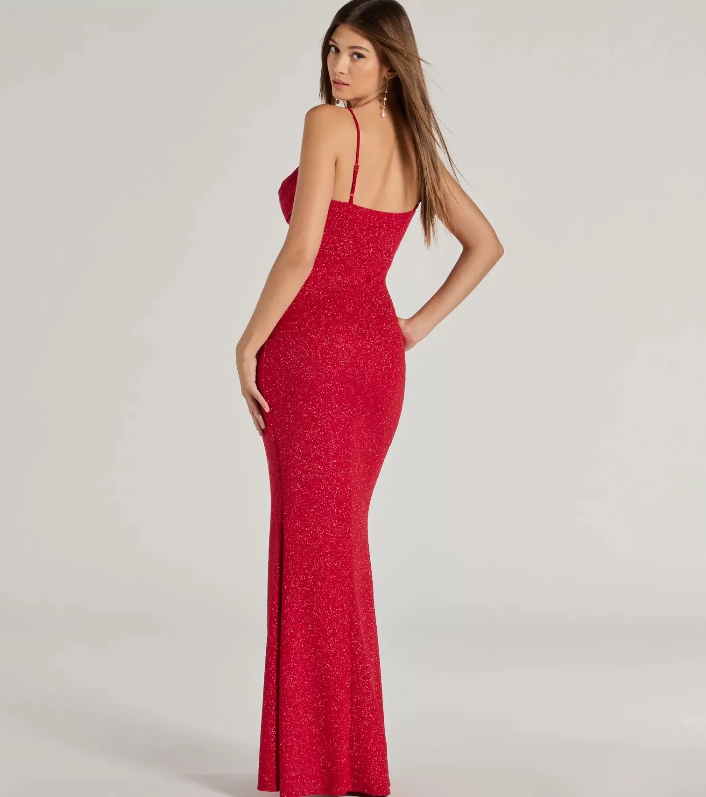 Windsor Mila Cowl Neck Wrap Slit Mermaid Glitter Formal Dress RED Cheap