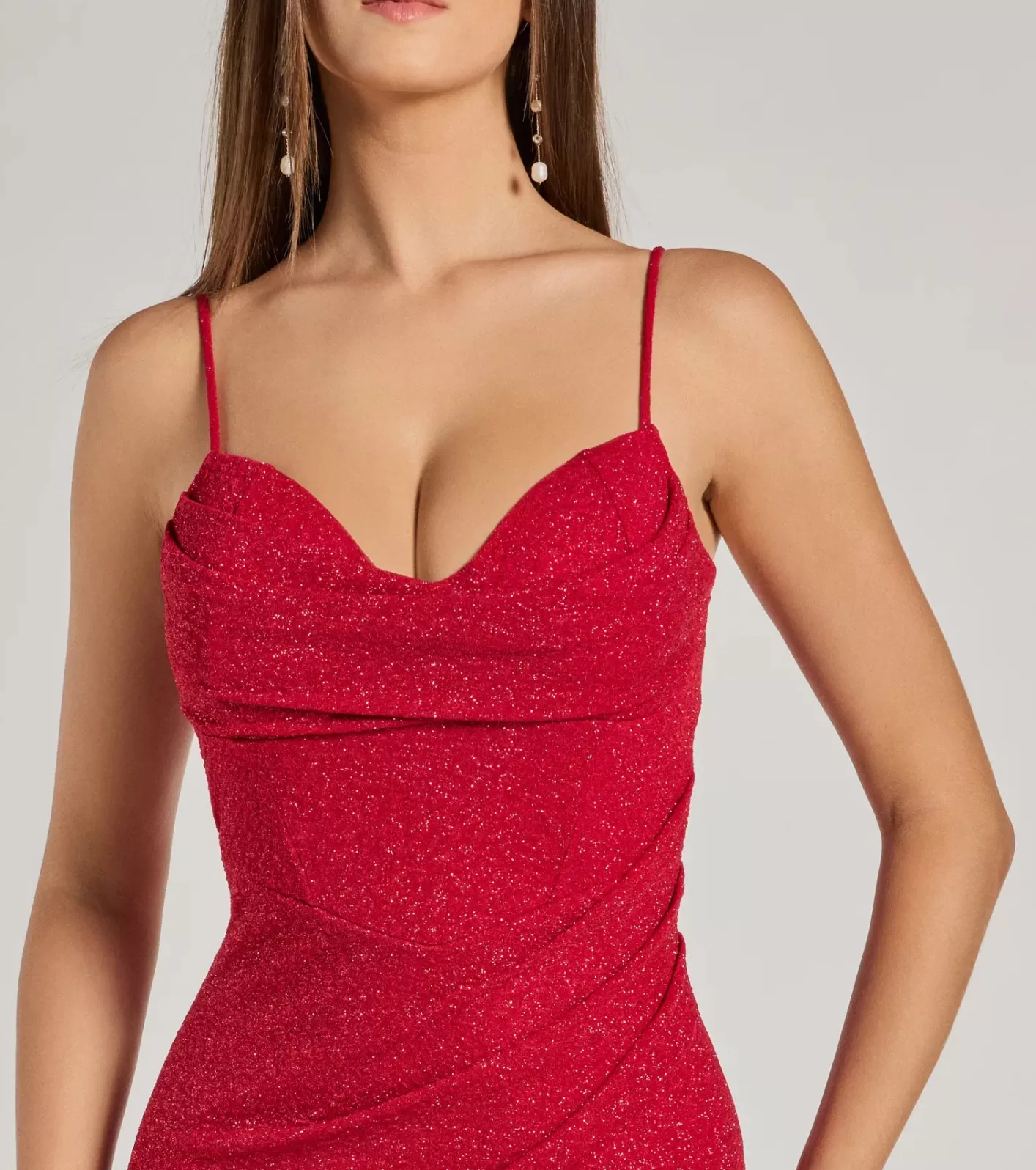 Windsor Mila Cowl Neck Wrap Slit Mermaid Glitter Formal Dress RED Cheap