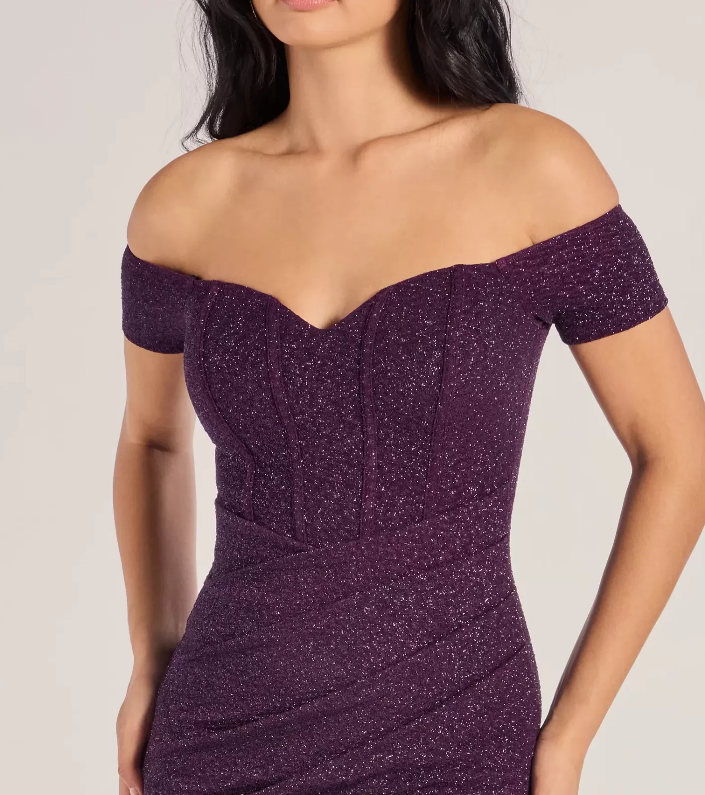 Windsor Mimi Off The Shoulder Glitter Mermaid Corset Dress PURPLE Cheap