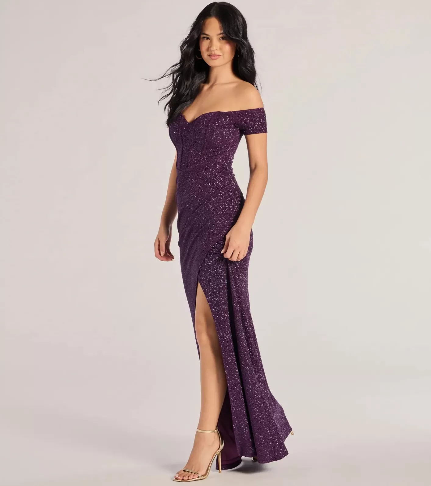 Windsor Mimi Off The Shoulder Glitter Mermaid Corset Dress PURPLE Cheap