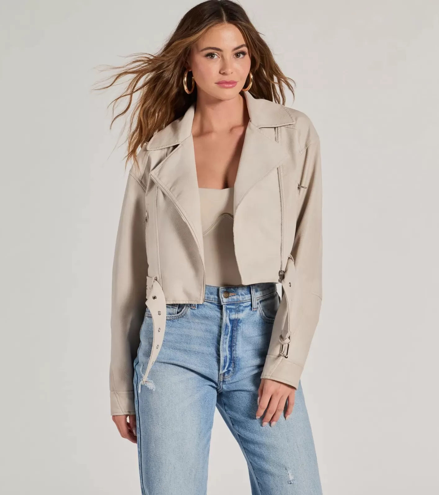 Windsor Modern Icon Oversized Faux Leather Belted Moto Jacket IVORY Outlet