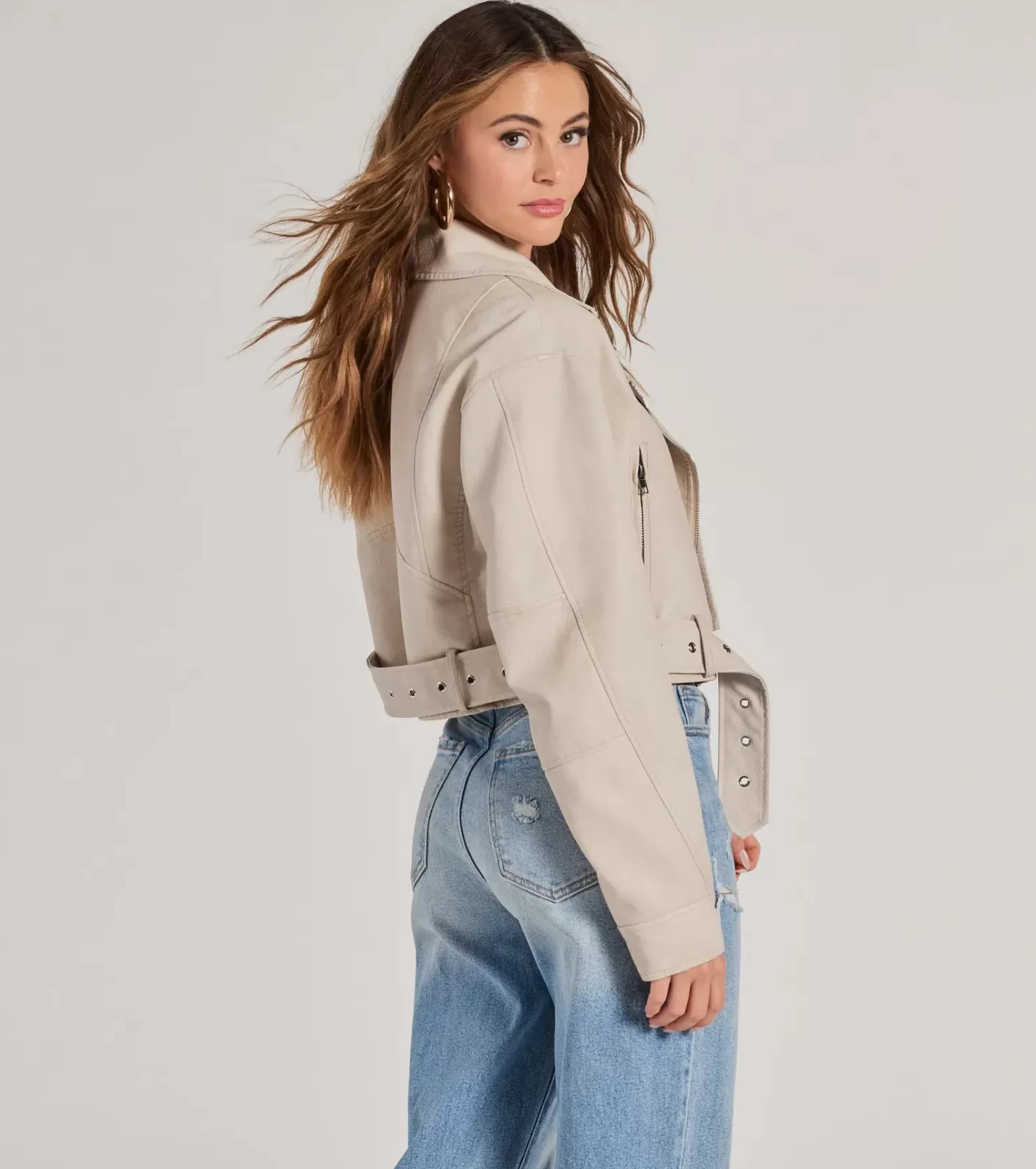 Windsor Modern Icon Oversized Faux Leather Belted Moto Jacket IVORY Outlet