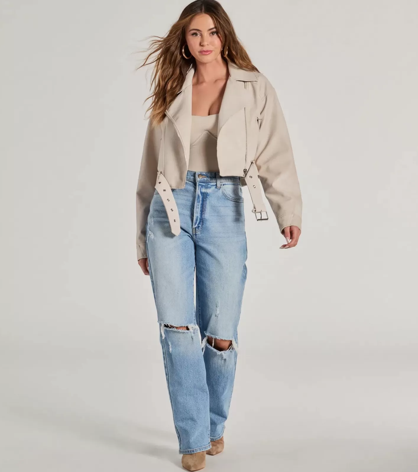 Windsor Modern Icon Oversized Faux Leather Belted Moto Jacket IVORY Outlet