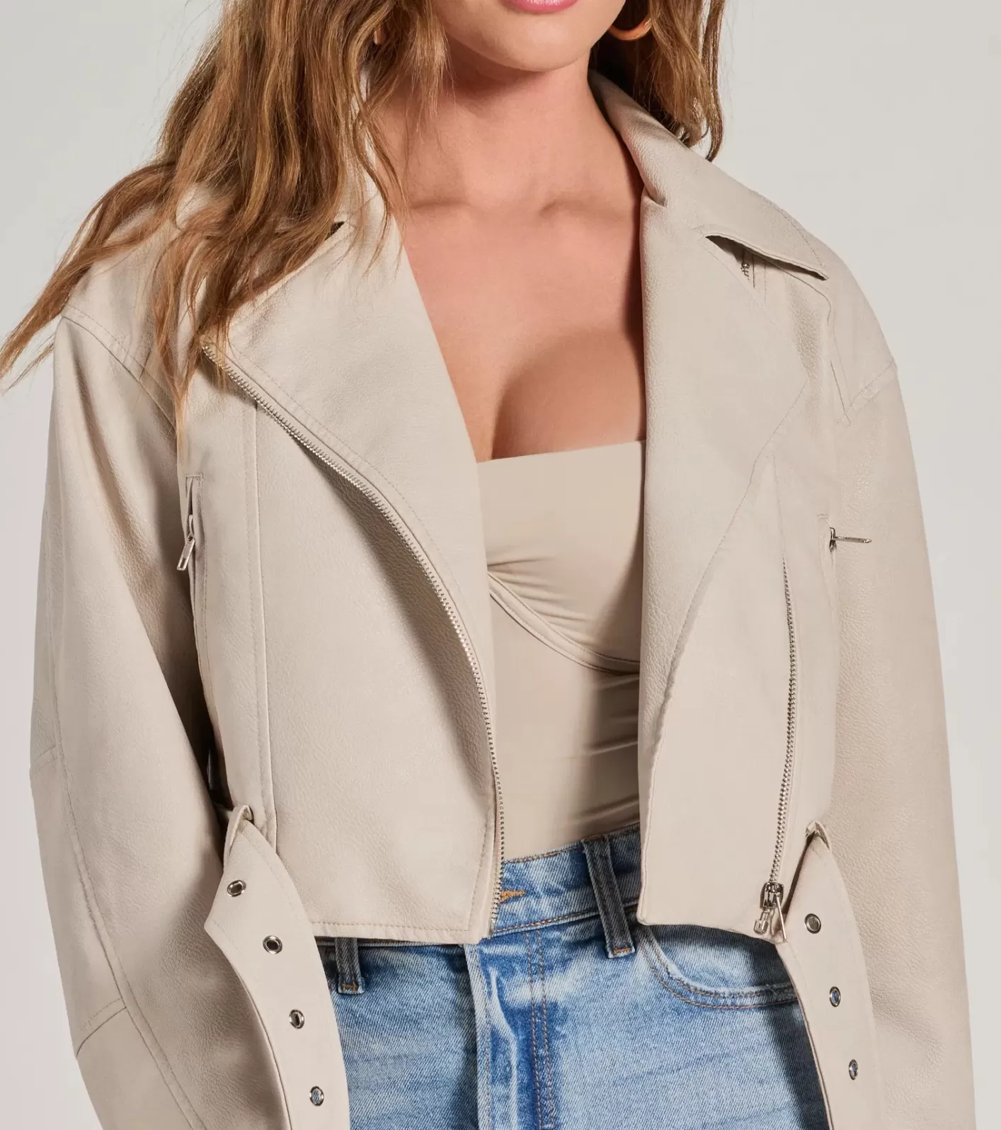 Windsor Modern Icon Oversized Faux Leather Belted Moto Jacket IVORY Outlet