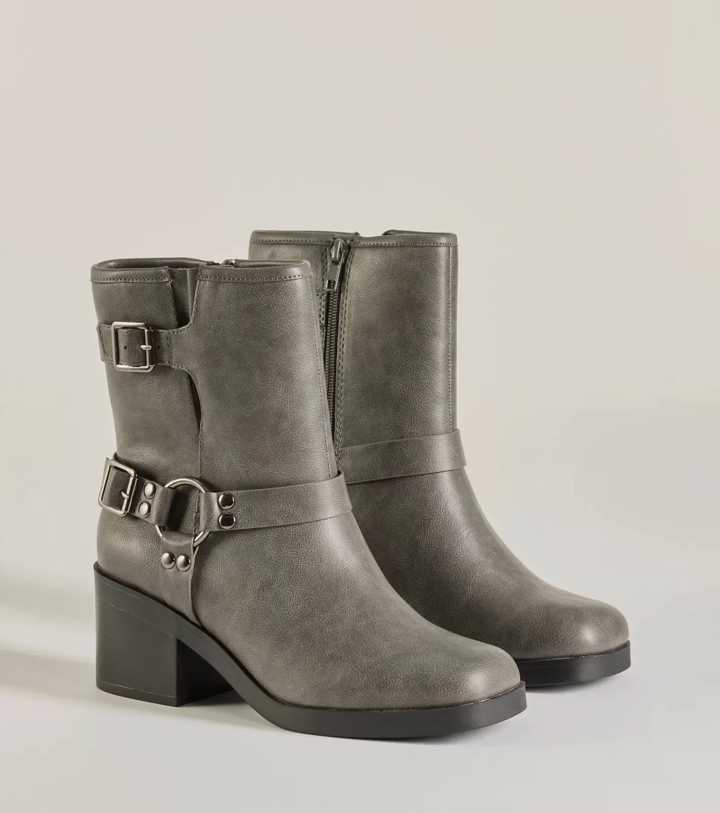Windsor Moto Chic Buckled Faux Leather Ankle Booties GRAY Hot