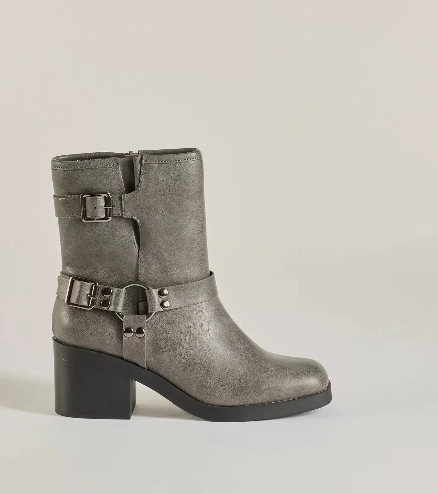 Windsor Moto Chic Buckled Faux Leather Ankle Booties GRAY Hot