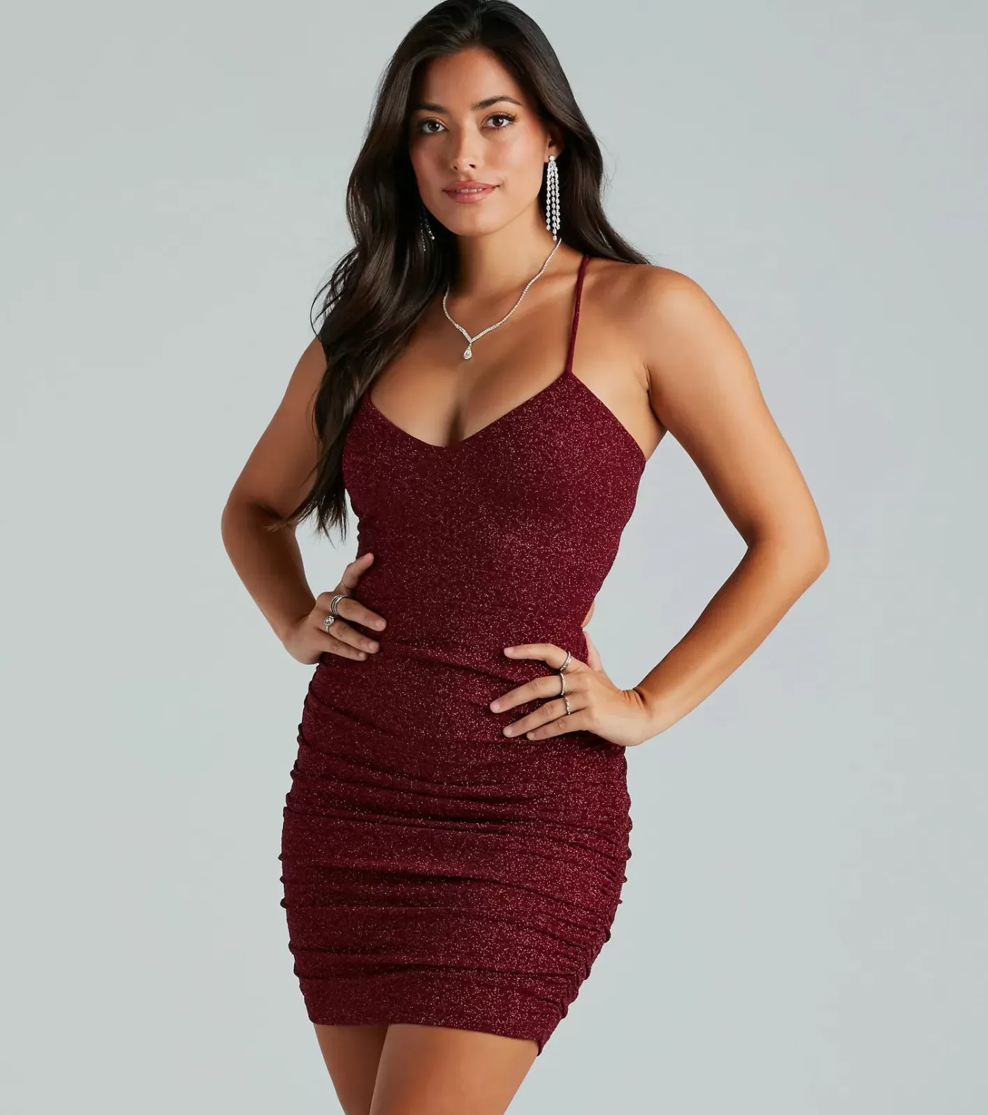 Windsor My Sparkle Glitter Lace-Up Mini Dress WINE New
