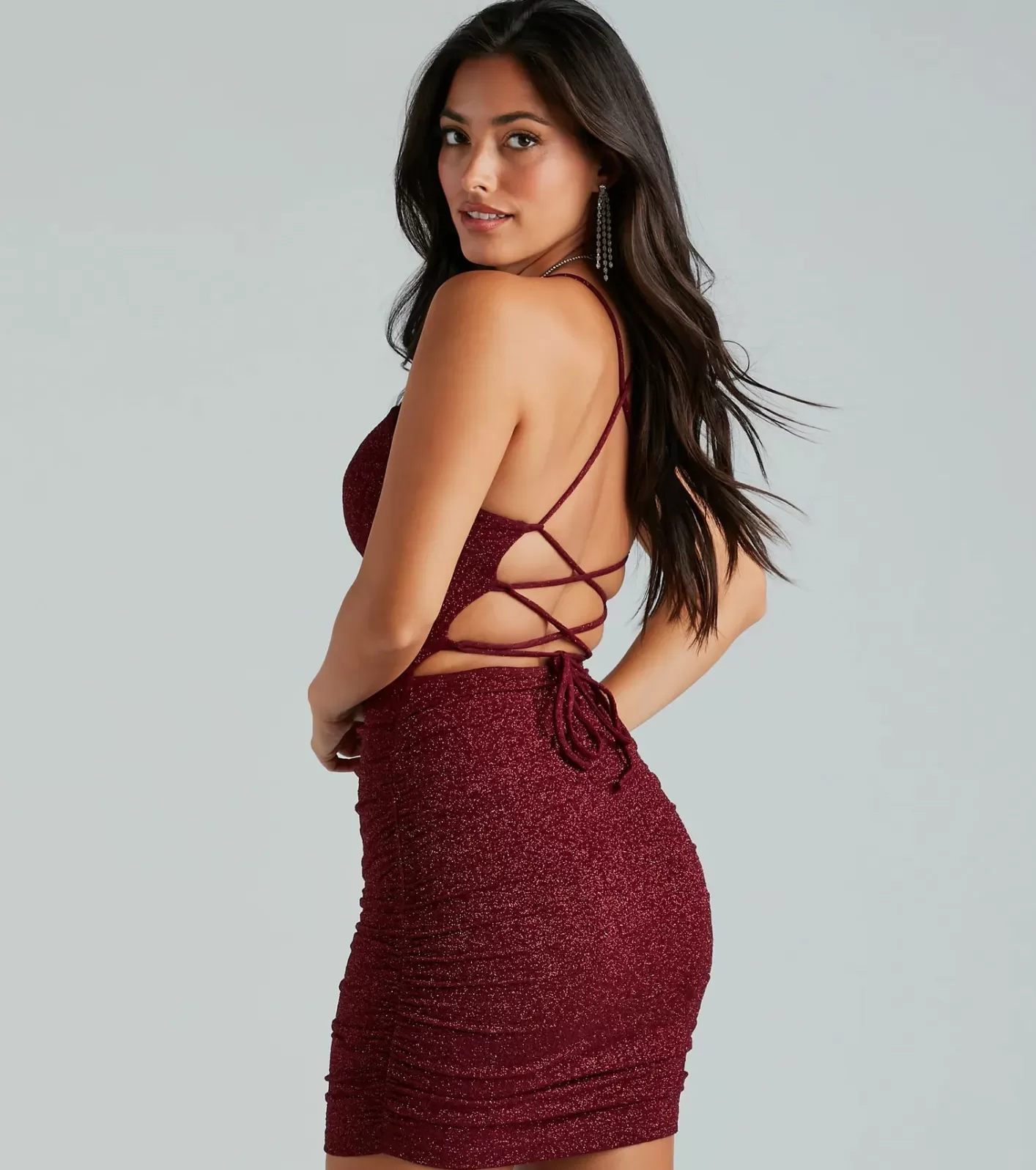 Windsor My Sparkle Glitter Lace-Up Mini Dress WINE New