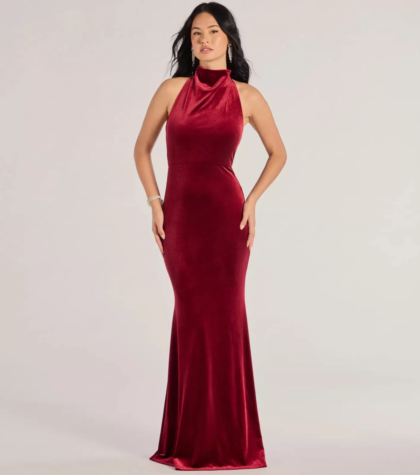 Windsor Nara Long Velvet Halter Mermaid Dress WINE Store