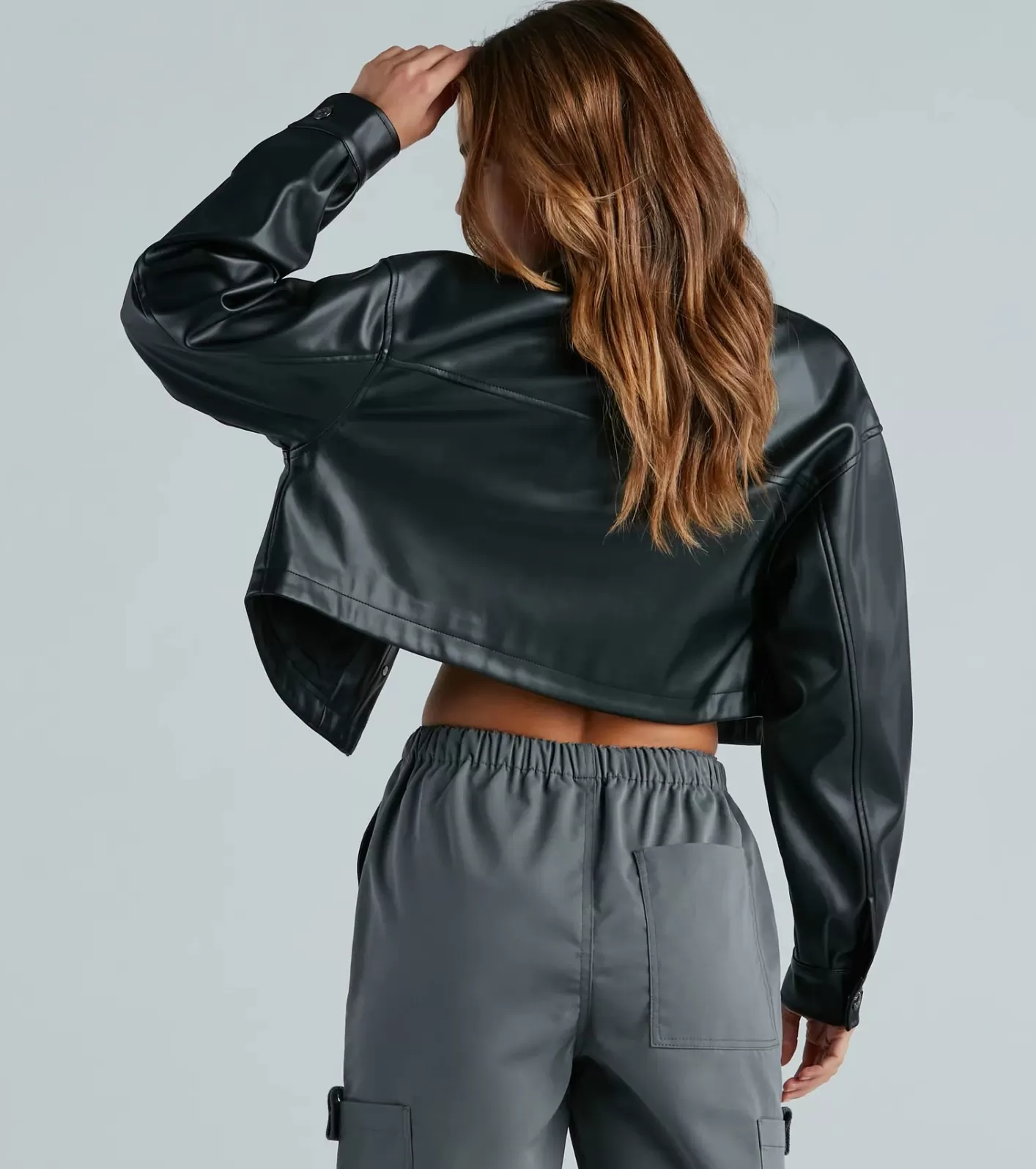 Windsor New Rule Faux Leather Crop Shacket BLACK Cheap