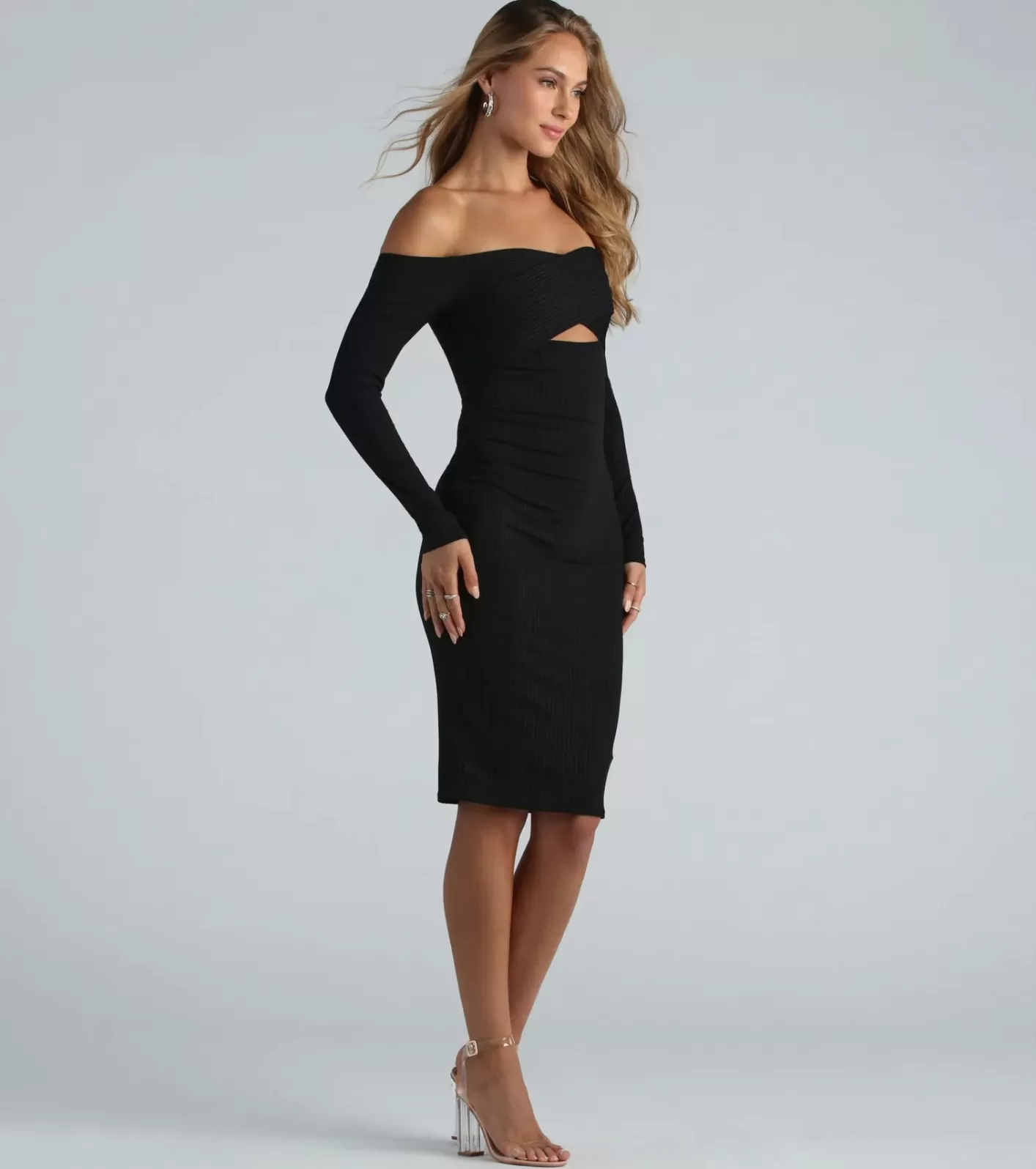 Windsor Off My Mind Cutout Long Sleeve Ribbed Knit Midi Dress BLACK Best