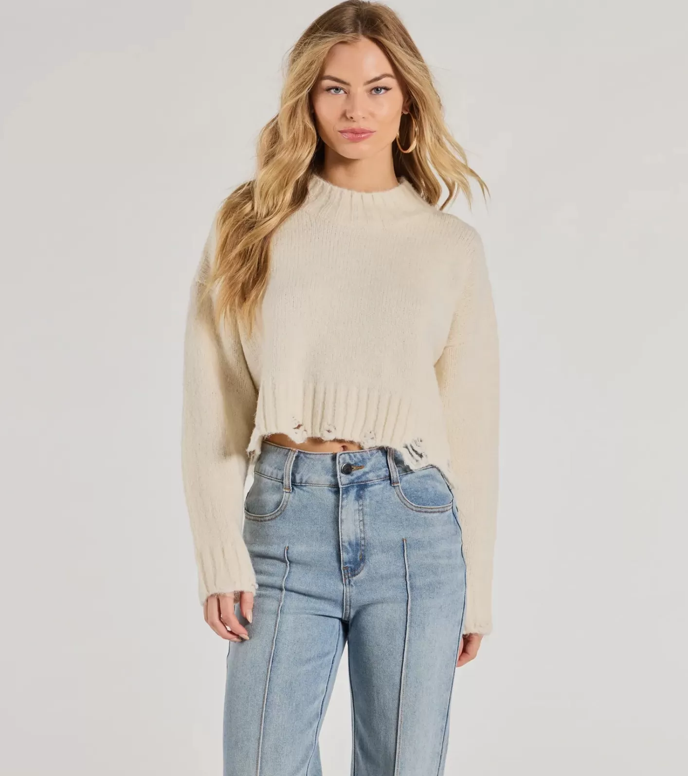 Windsor On-Trend Distressed Knit Mock Neck Sweater IVORY Best