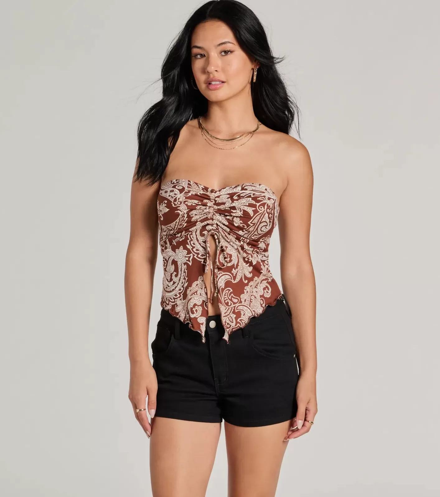 Windsor Paisley Babe Strapless Slit Crop Top BROWN Cheap