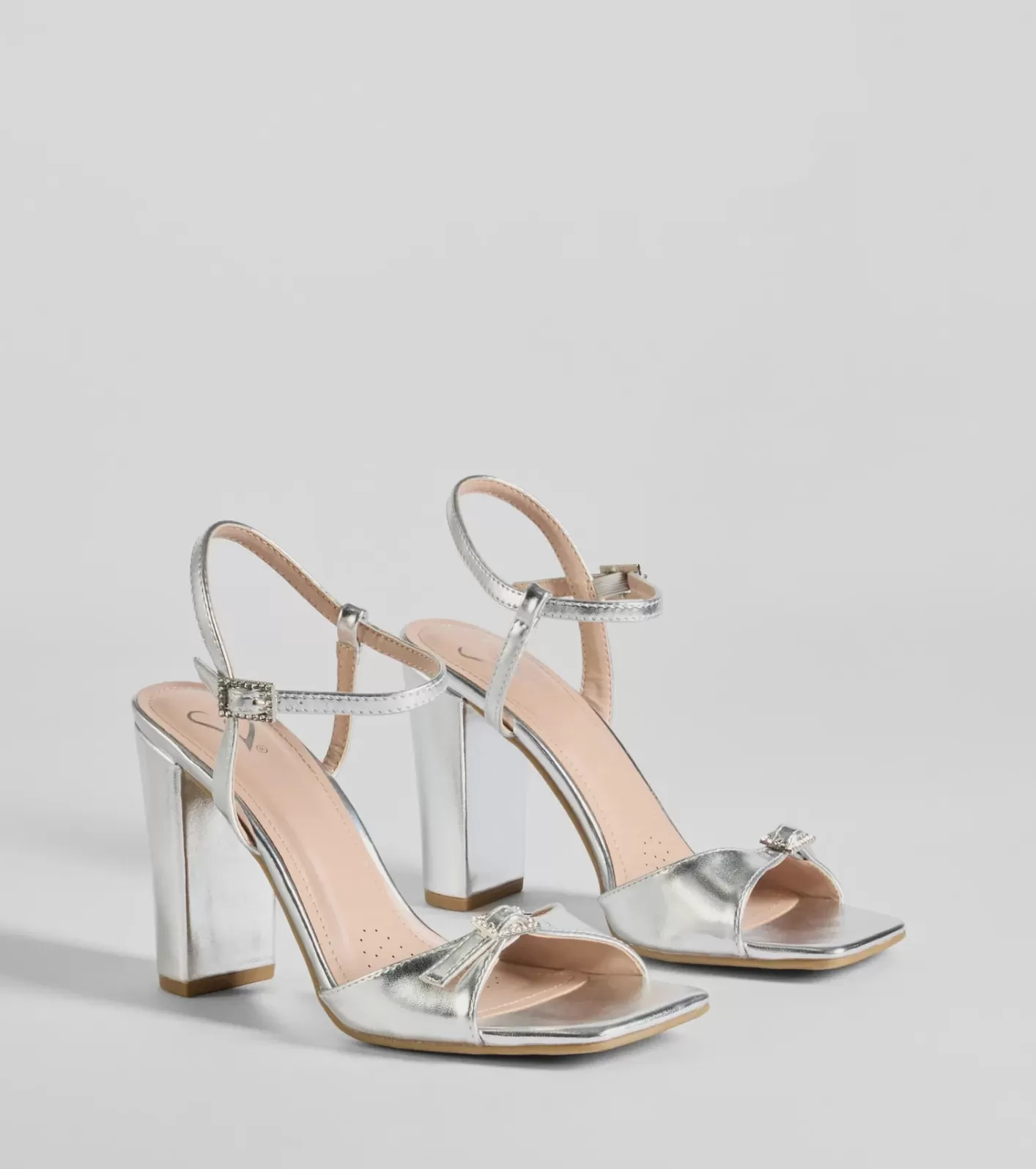 Windsor Party Moves Rhinestone Buckle Metallic Block Heels SILVER Outlet
