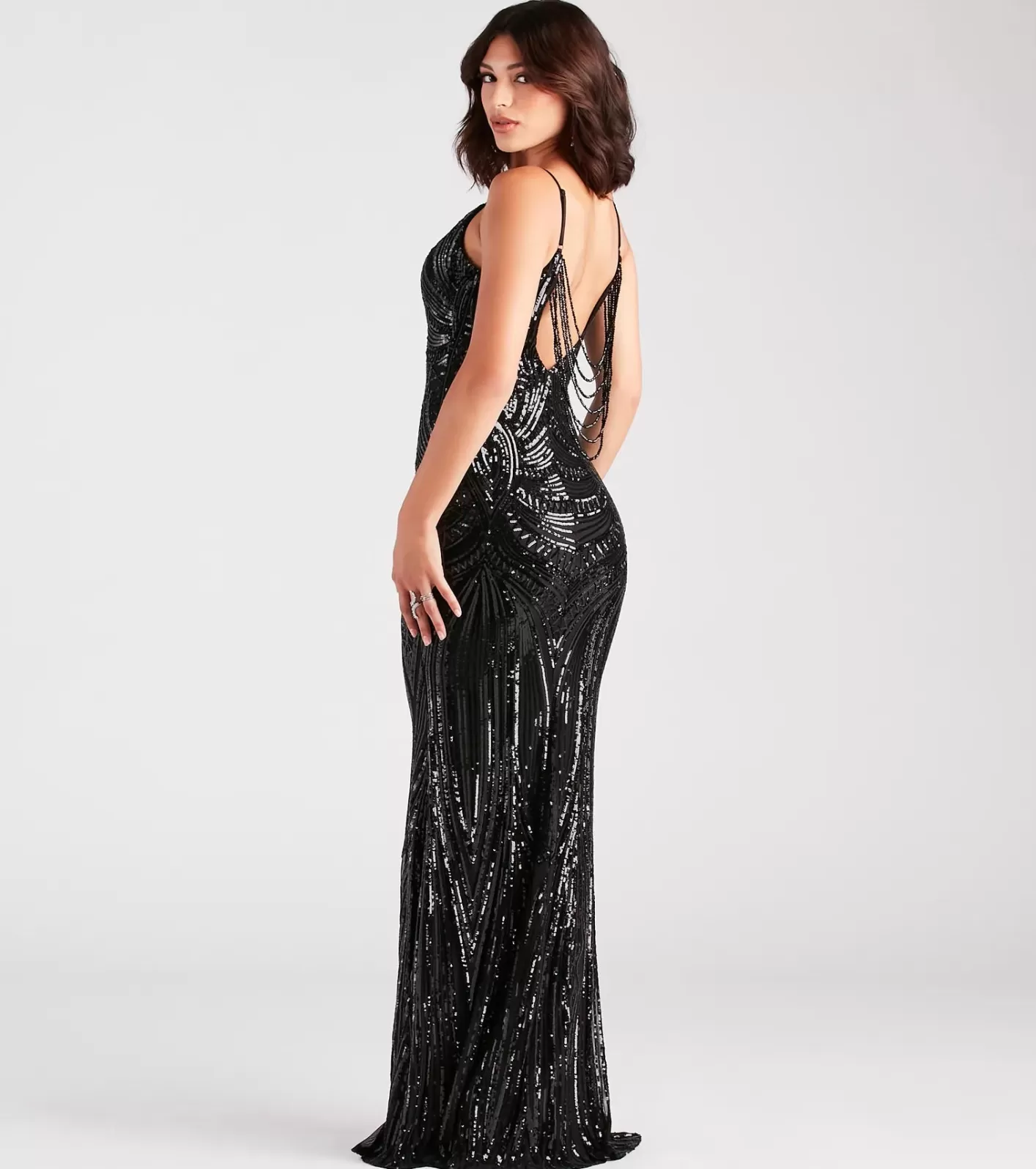 Windsor Pauline Formal Sequin Draped Bead Mermaid Dress BLACK Outlet