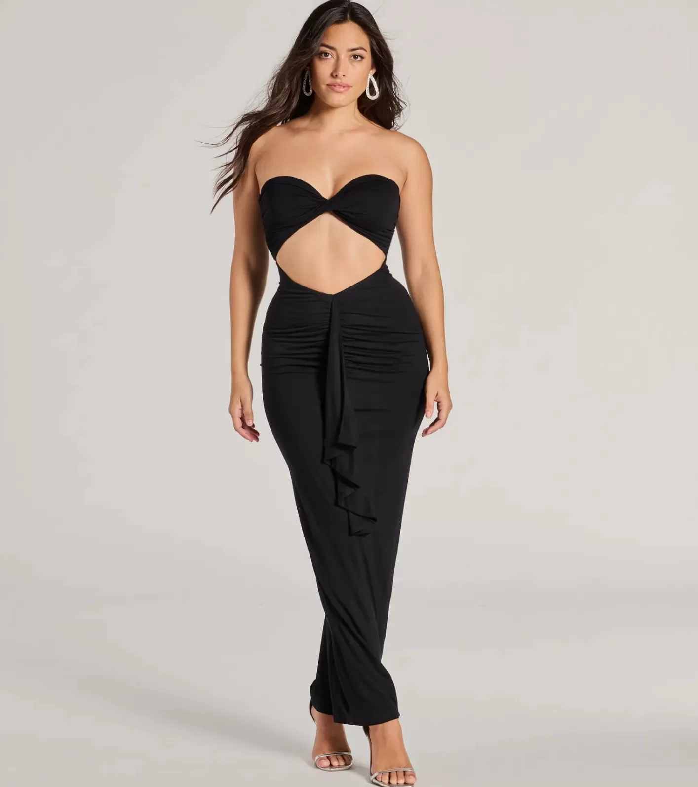 Windsor Perfect Always Strapless Cutout Ruffle Maxi Dress BLACK Flash Sale