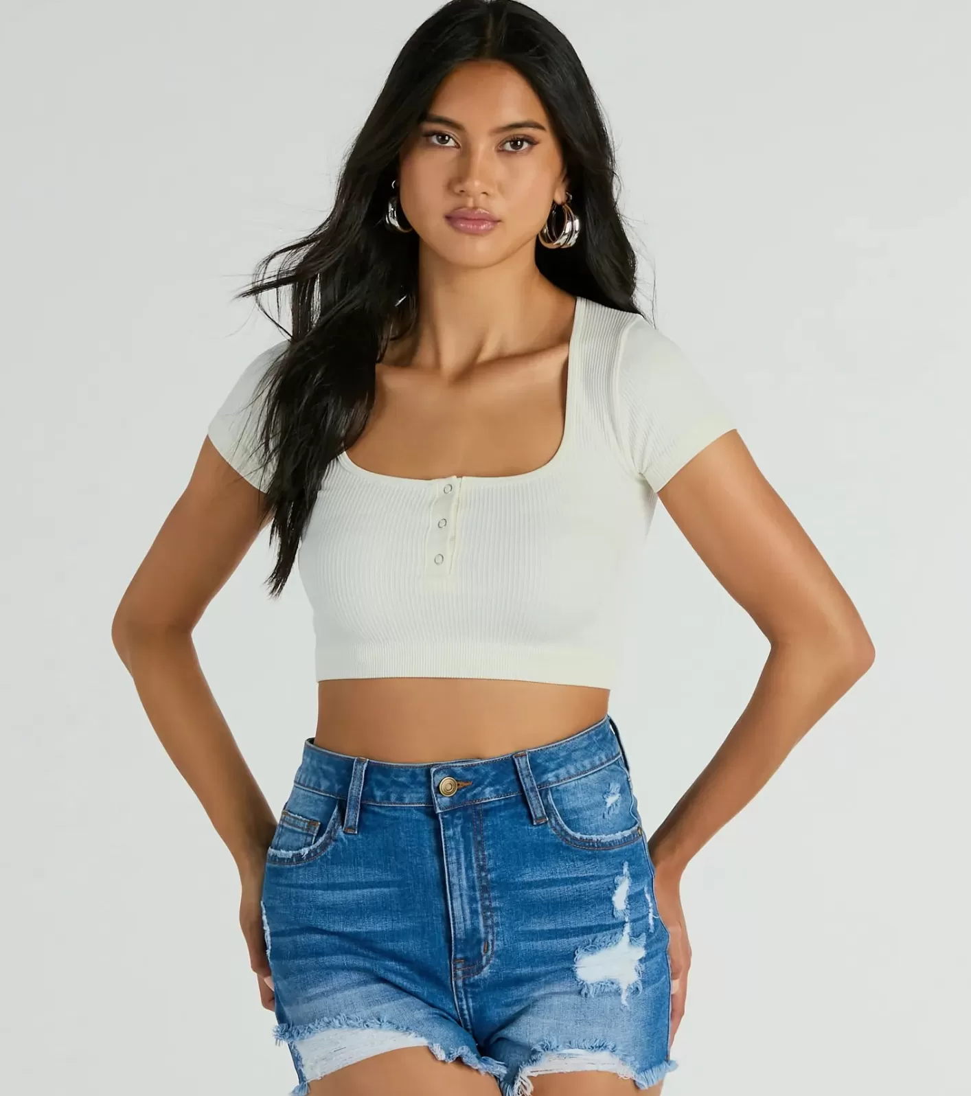 Windsor Perfect Muse Short Sleeve Henley Crop Top WHITE Cheap