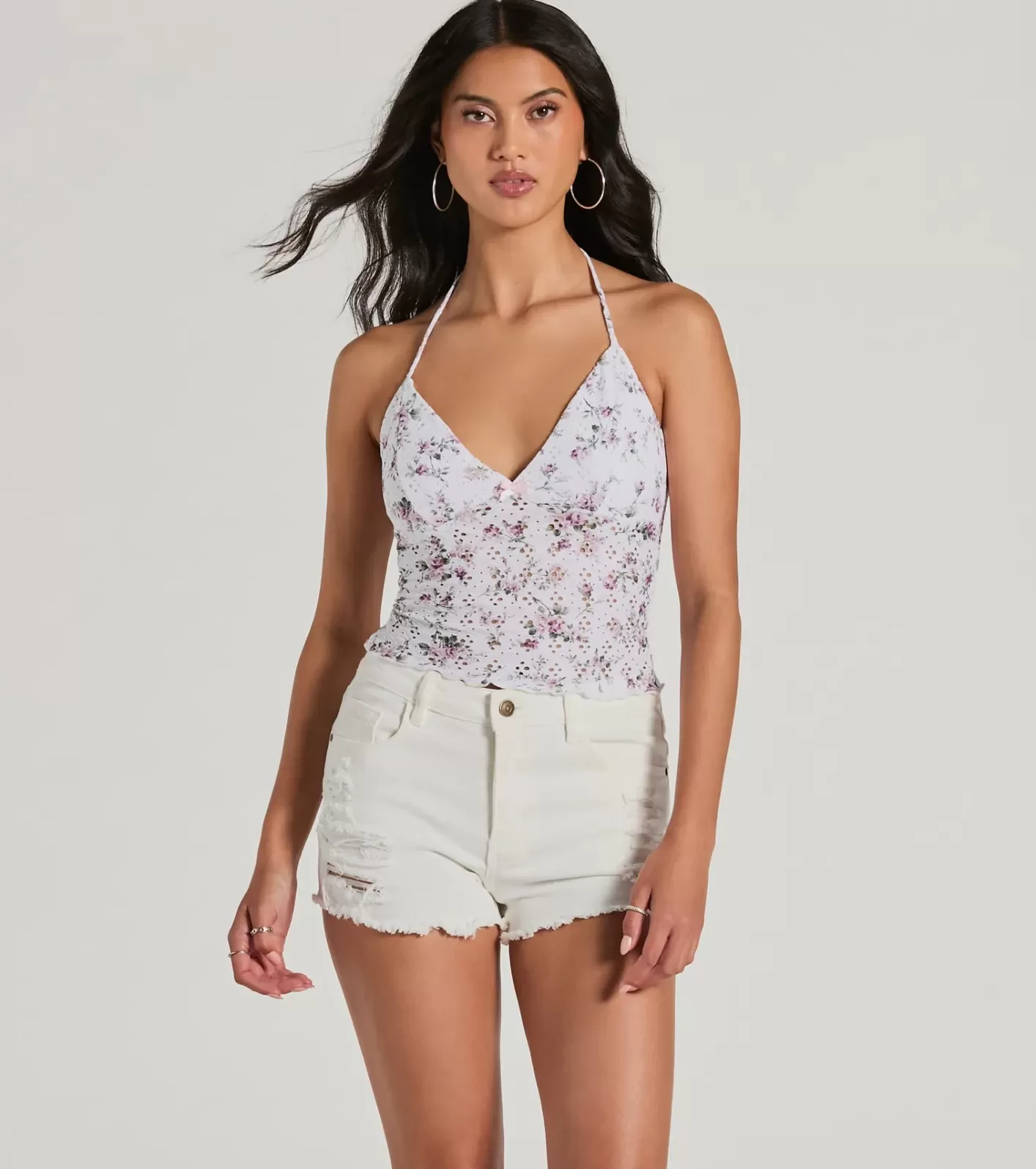 Windsor Pick Me Halter Floral Eyelet Crop Top IVORY New