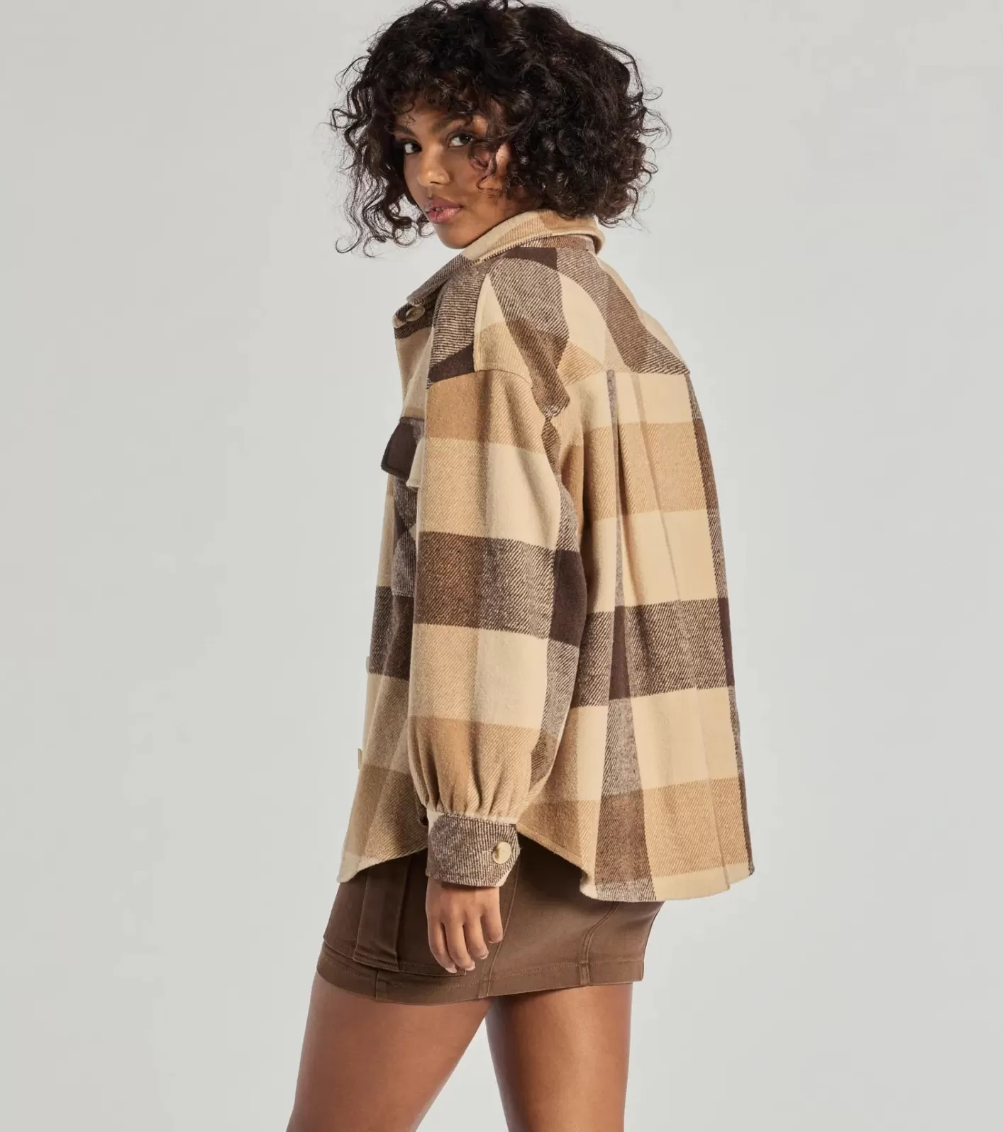 Windsor Plaid Passion Oversized Faux Wool Shacket BROWN Outlet