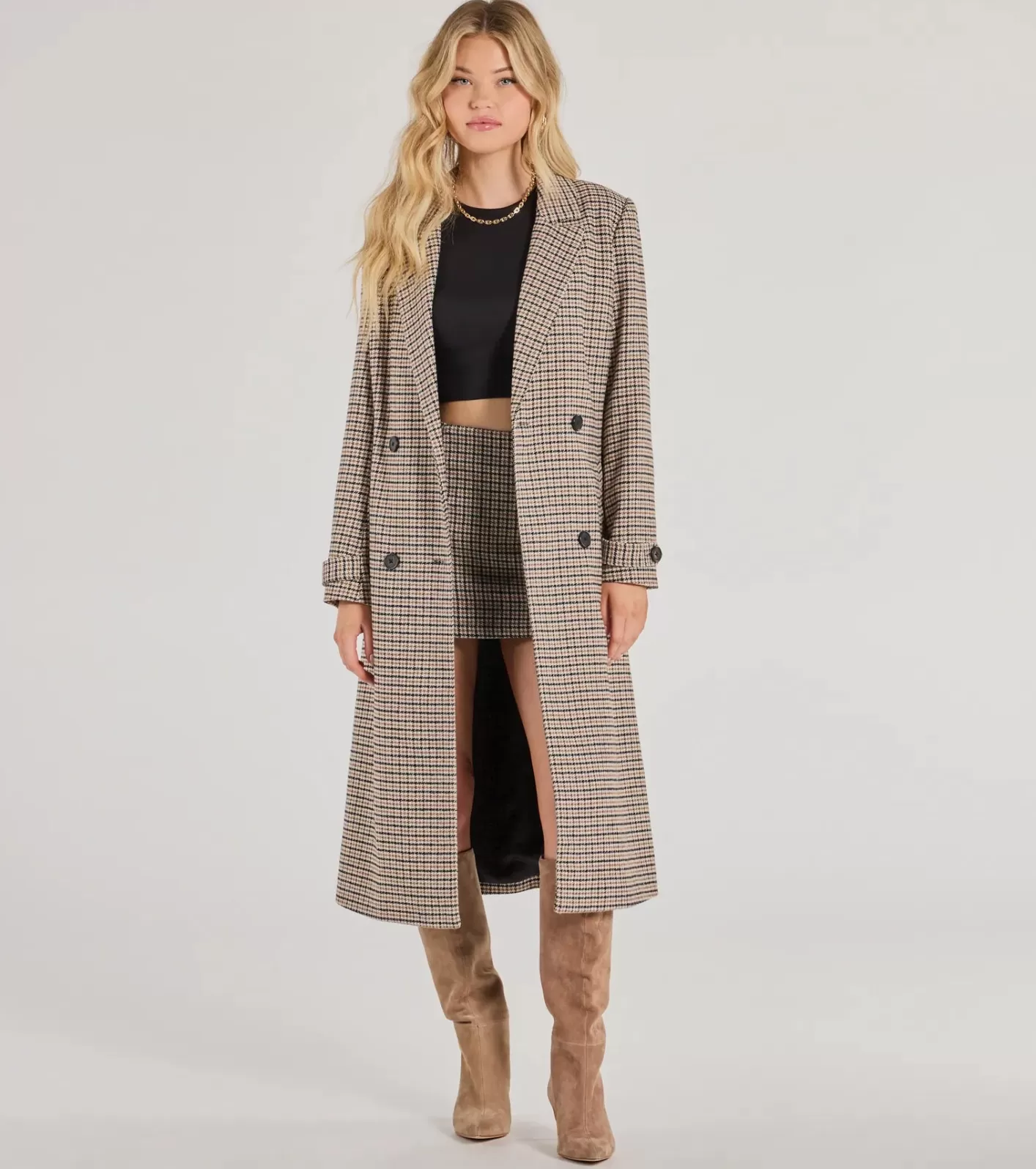 Windsor Plaid Perfection Faux Wool Long Coat NATURAL Sale