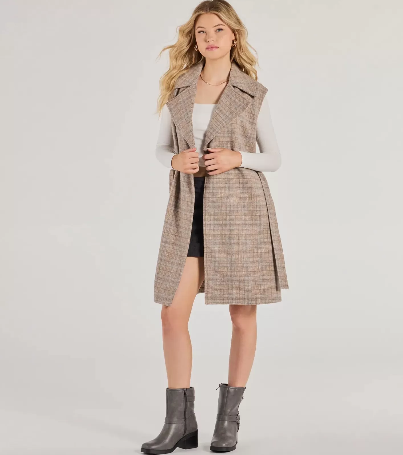 Windsor Plaid Pursuit Faux Wool Long Belted Vest TAUPE Clearance