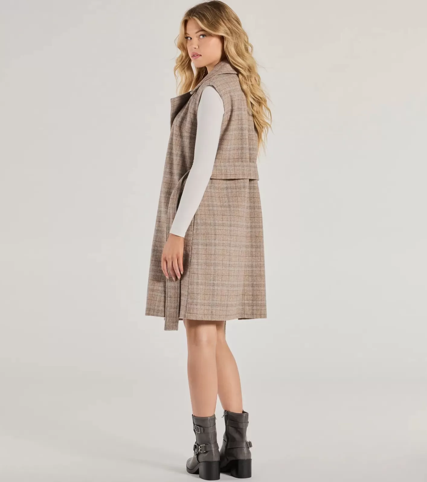 Windsor Plaid Pursuit Faux Wool Long Belted Vest TAUPE Clearance