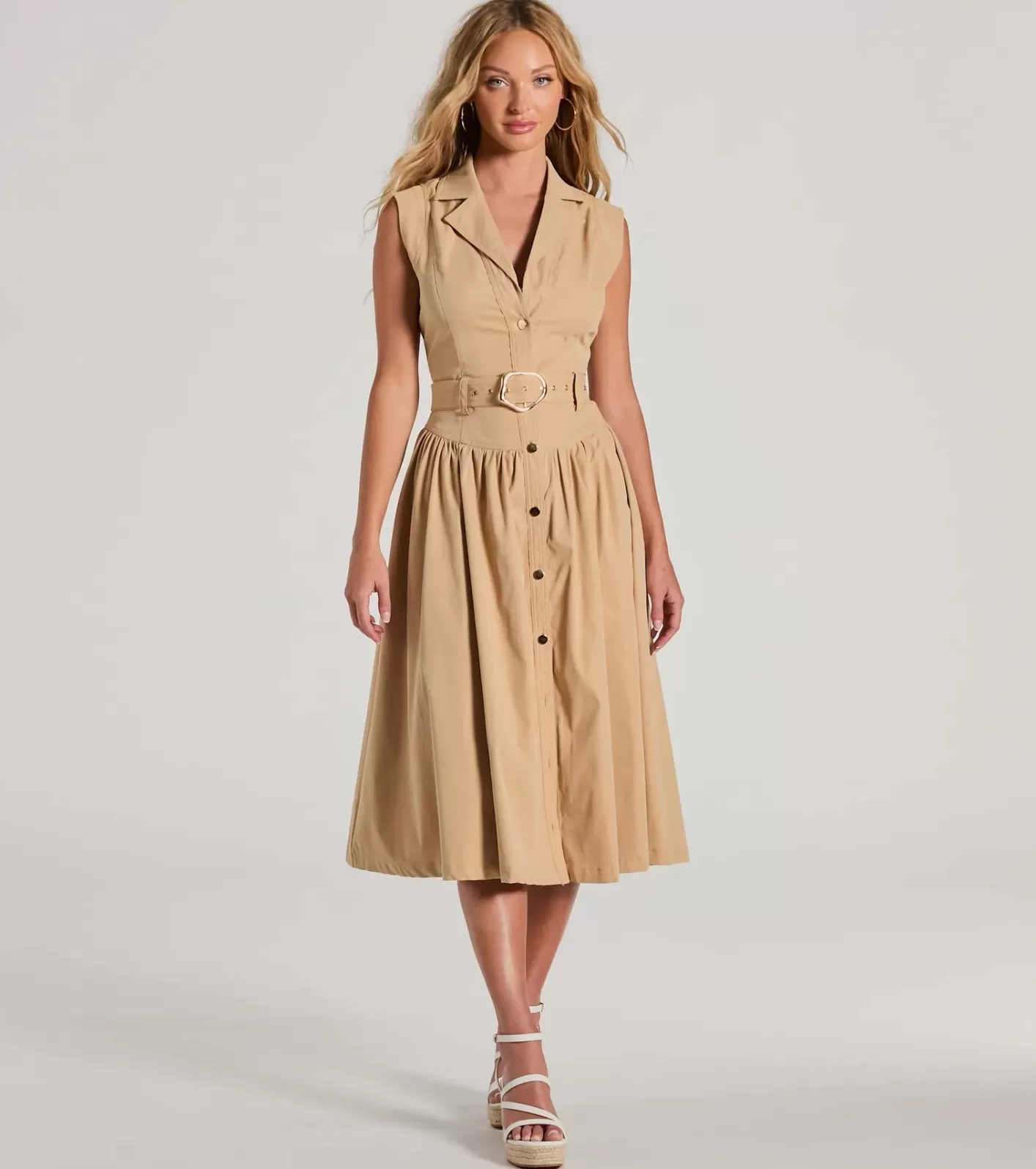 Windsor Pleasant Cutie Collared V-Neck Belted Midi Dress TAUPE Cheap