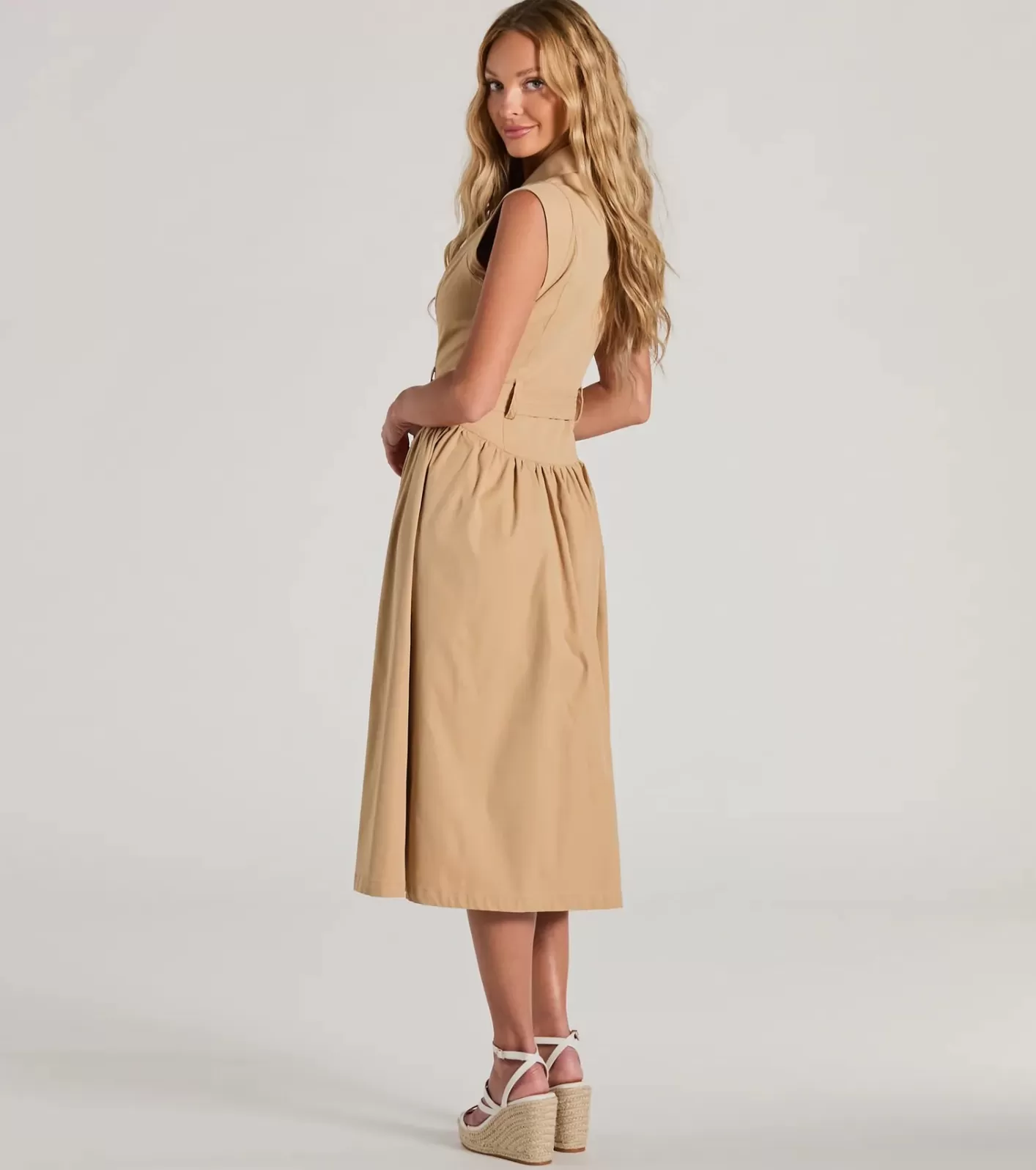 Windsor Pleasant Cutie Collared V-Neck Belted Midi Dress TAUPE Cheap