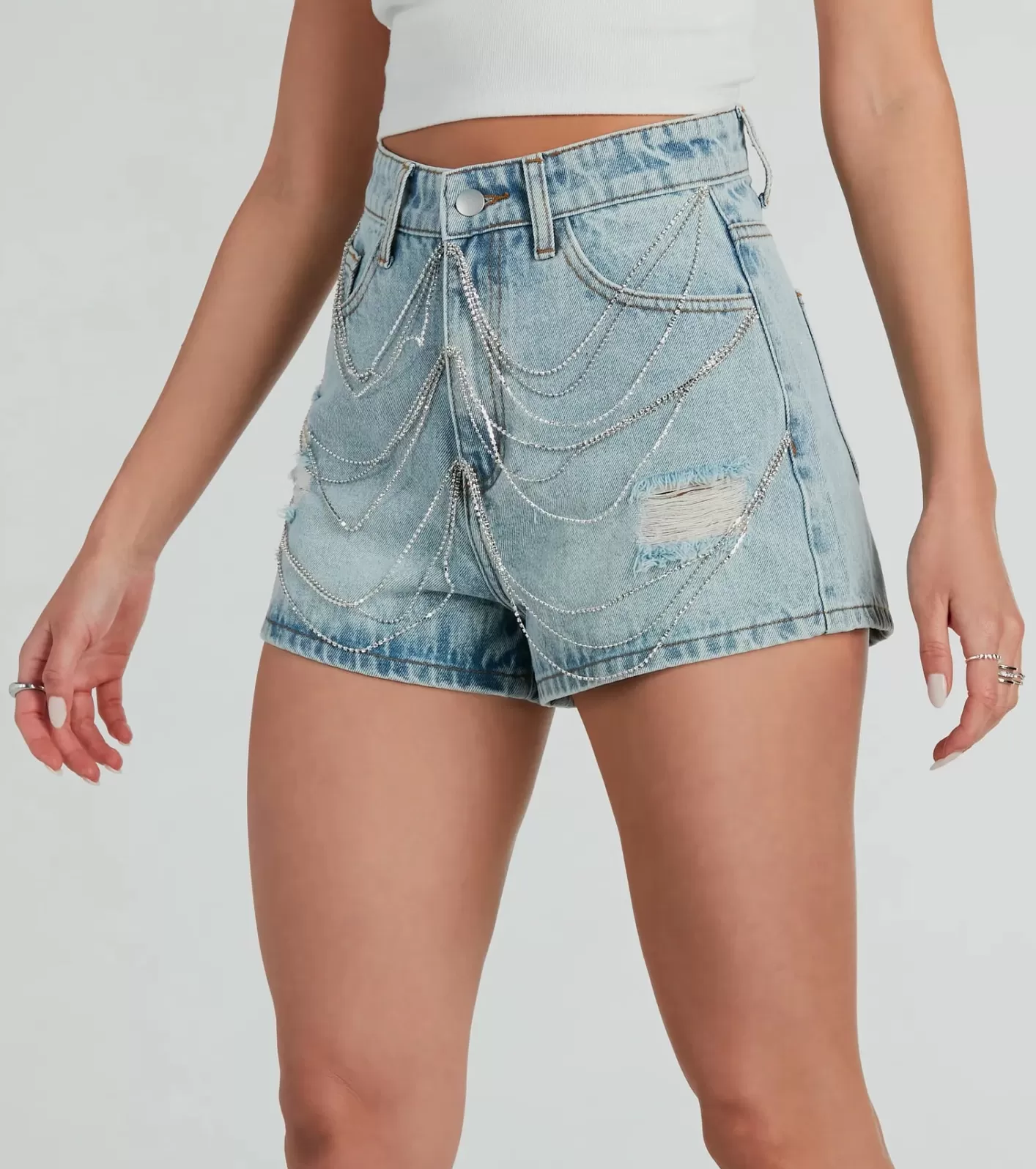 Windsor Pop Star Rhinestone High-Rise Denim Shorts MEDDENIM New