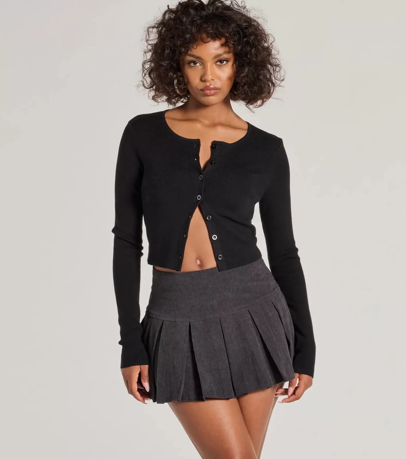 Windsor Preppy Chic Drop Waist Pleated Corduroy Mini Skirt CHARCOAL Sale
