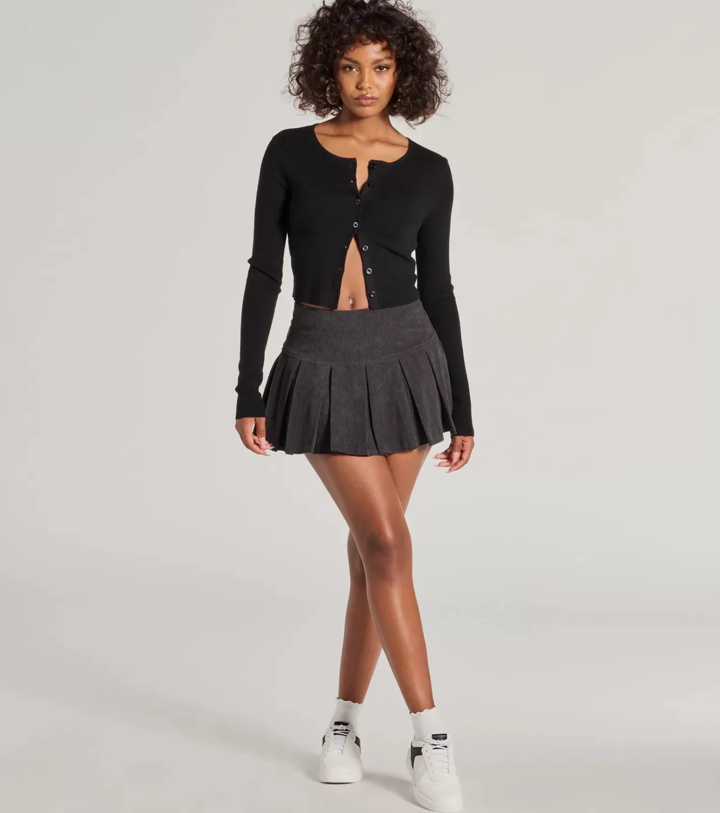 Windsor Preppy Chic Drop Waist Pleated Corduroy Mini Skirt CHARCOAL Sale