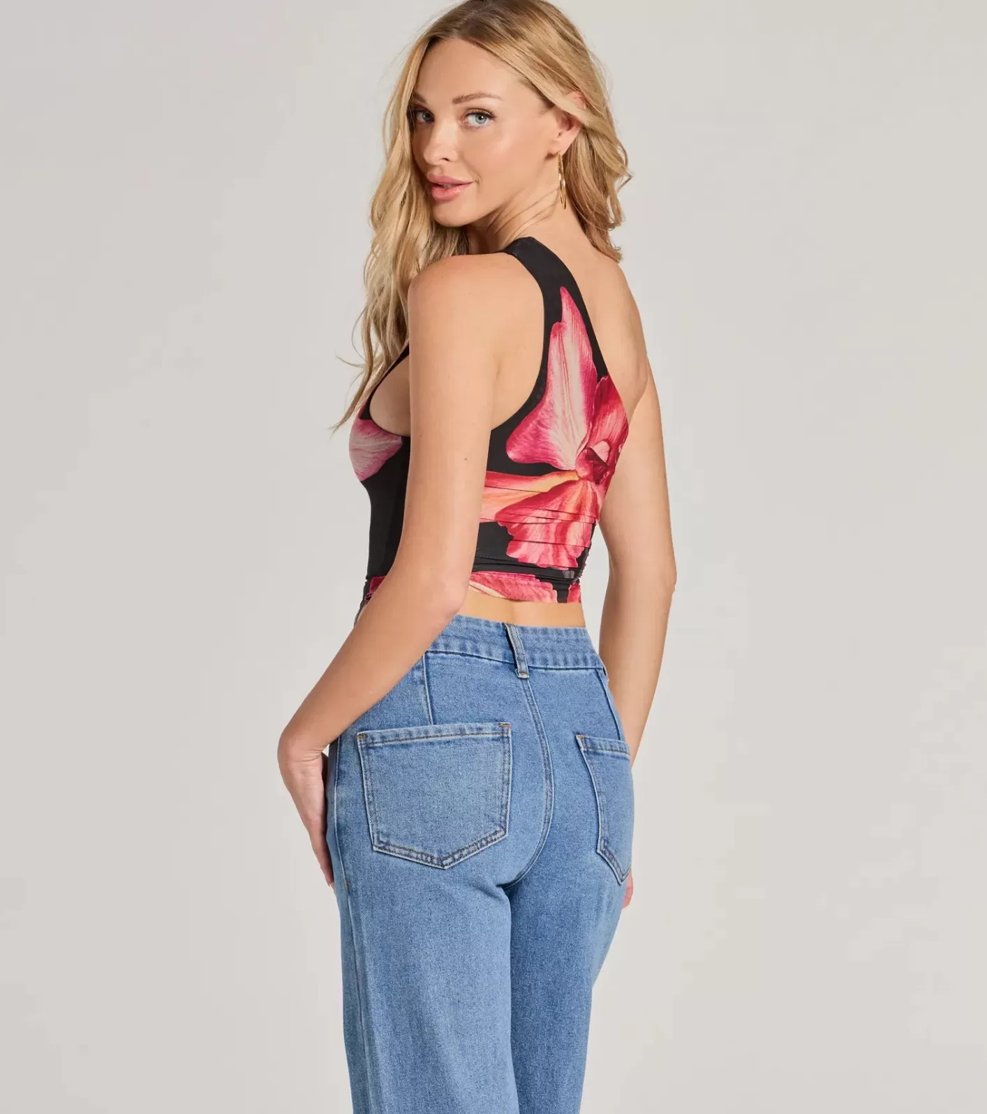Windsor Pretty Bold One-Shoulder Floral Mesh Crop Top BLACK Flash Sale