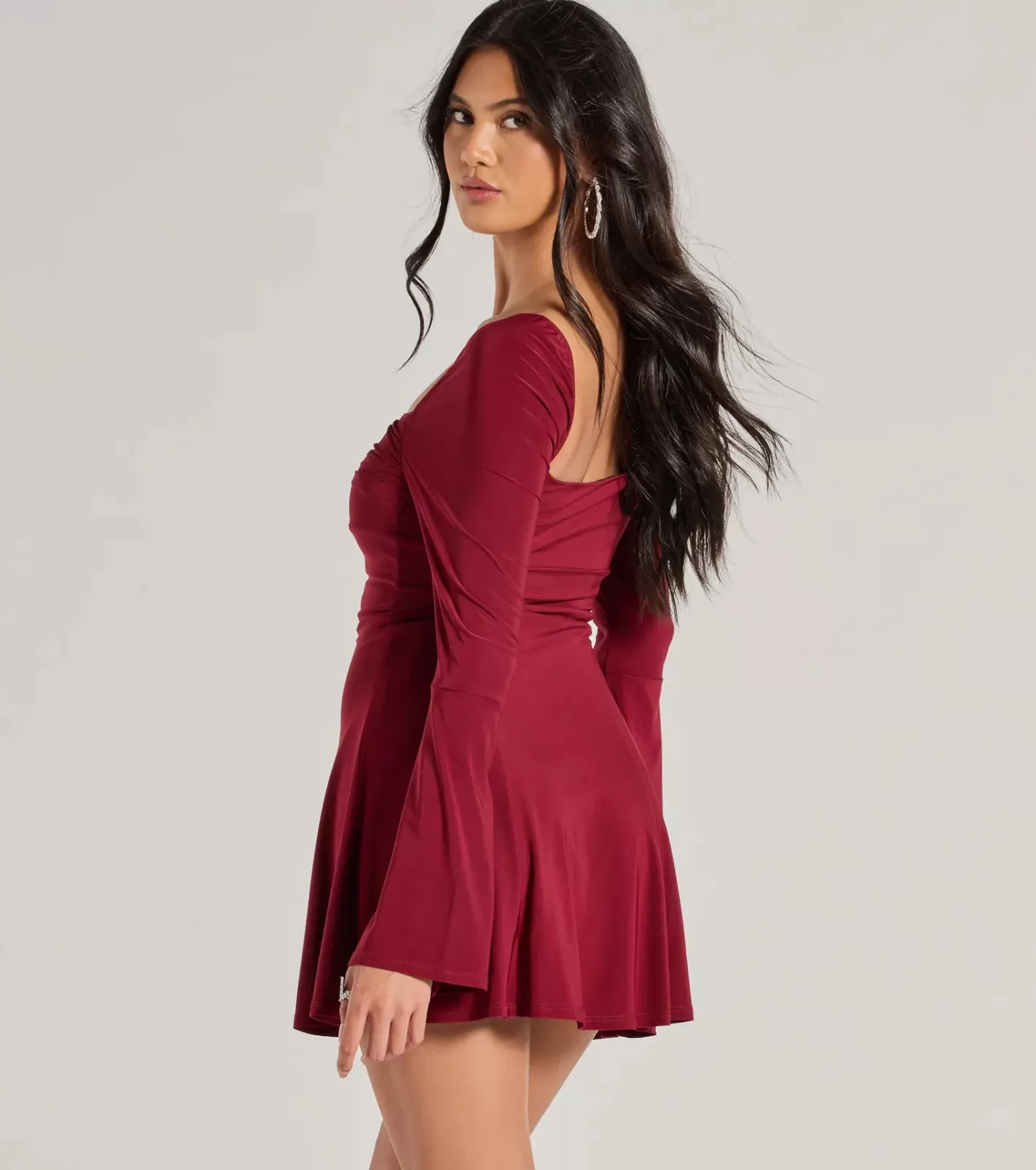 Windsor Pretty Style Bell Sleeve A-Line Mini Dress BURGUNDY Shop