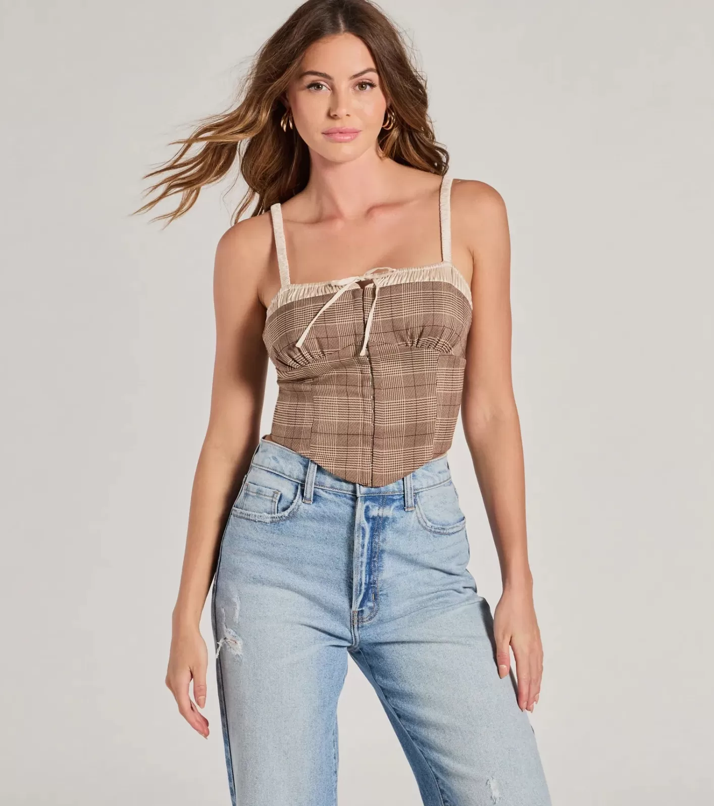 Windsor Pristine Classic Satin Trim Plaid Corset Crop Top BROWN Outlet