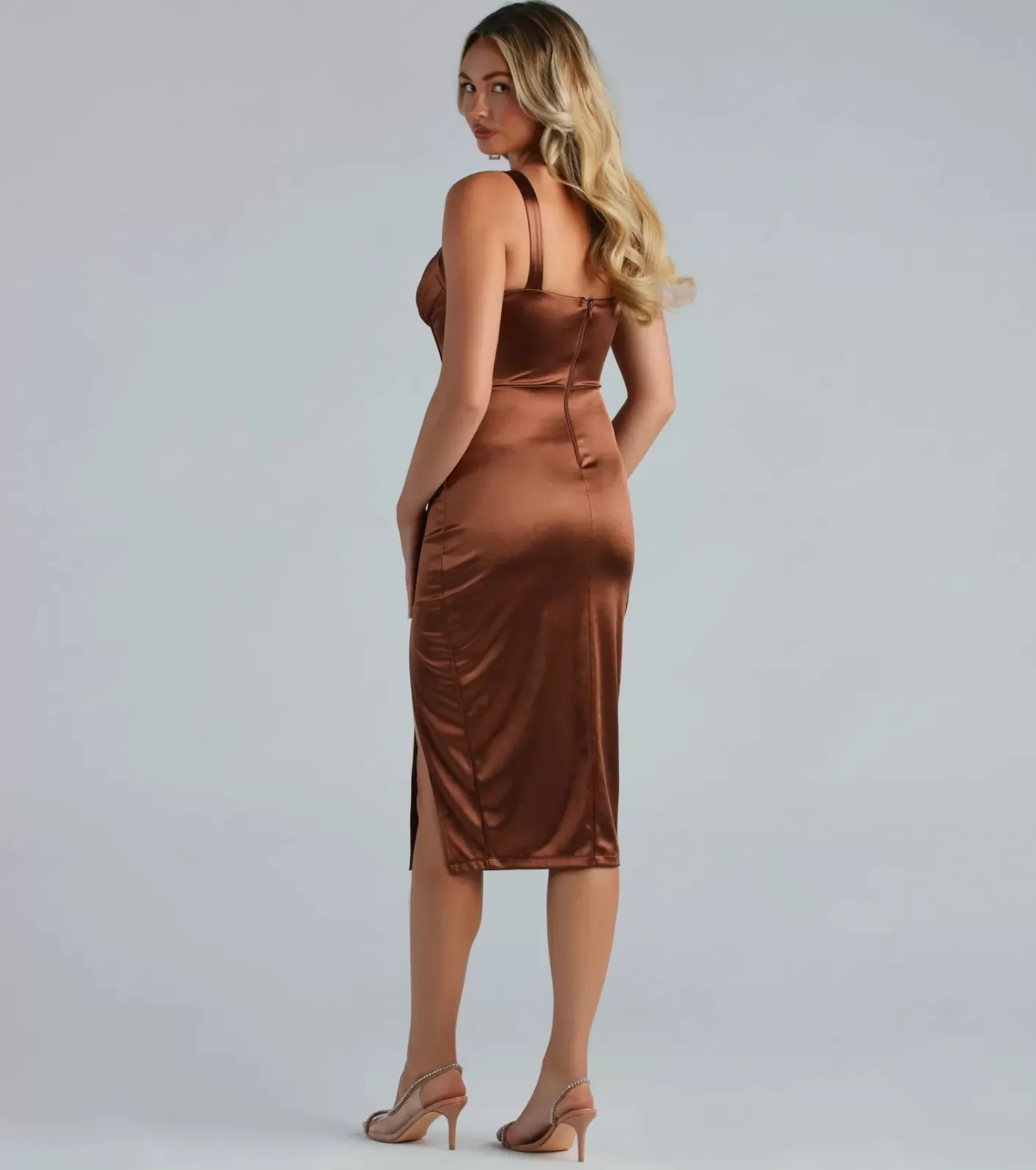 Windsor Rae Formal Satin Corset Midi Dress BROWN Outlet