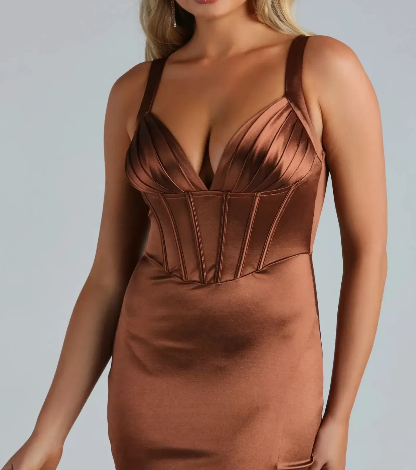 Windsor Rae Formal Satin Corset Midi Dress BROWN Outlet