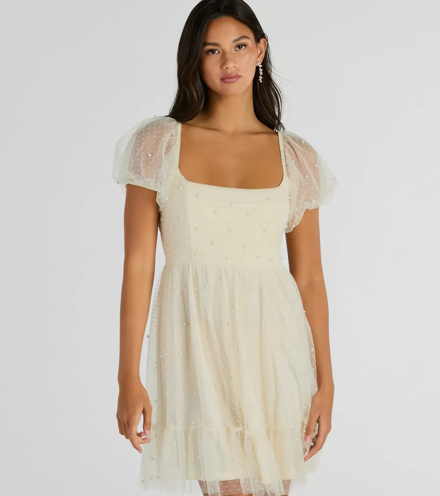 Windsor Raise A Toast Puff Sleeve Faux Pearl Babydoll Dress IVORY Store