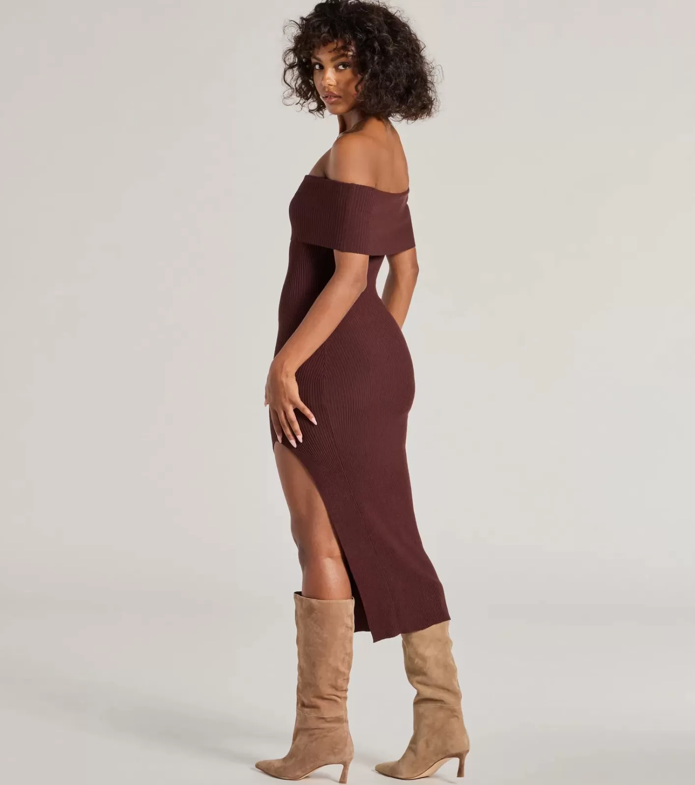 Windsor Raise The Bar Ribbed Knit High Slit Midi Dress BROWN Clearance