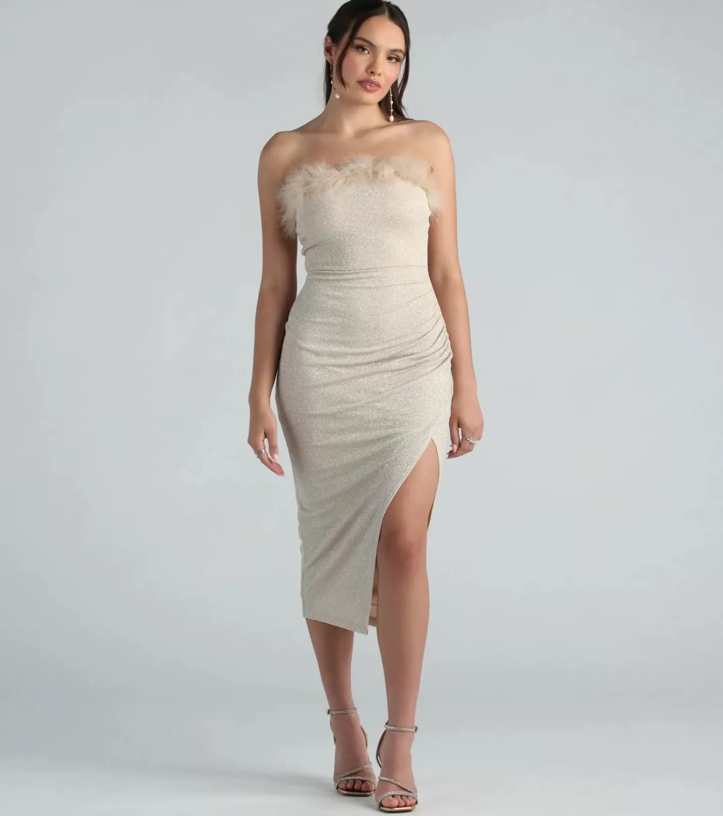 Windsor Reese Formal Strapless Marabou Glitter Midi Dress IVORY Fashion