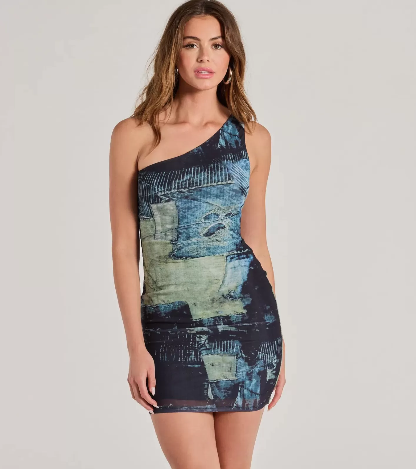 Windsor Remarkable Vibe One Shoulder Printed Mesh Mini Dress BLACK Cheap