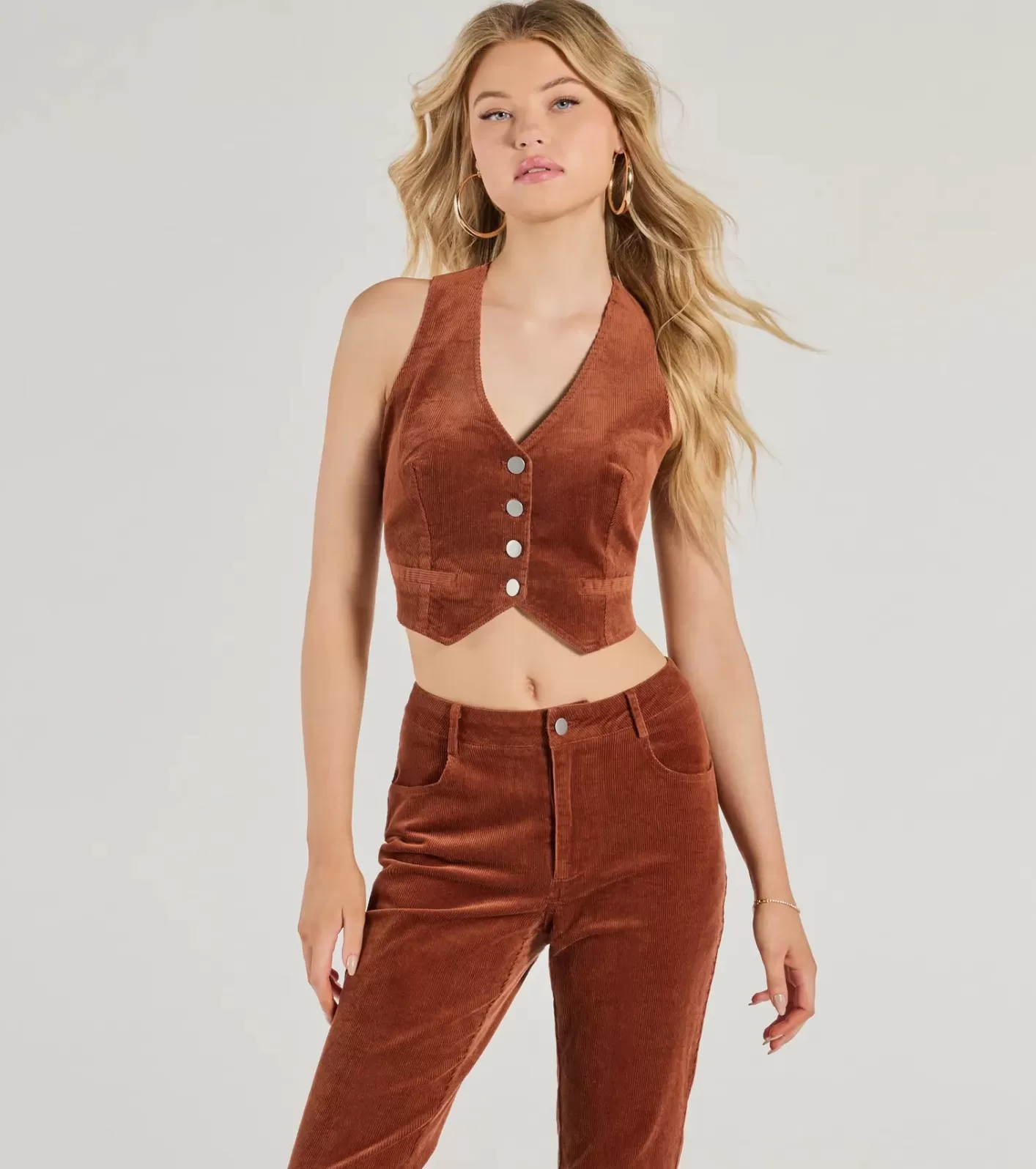 Windsor Retro Chic Corduroy Cropped Vest RUST New