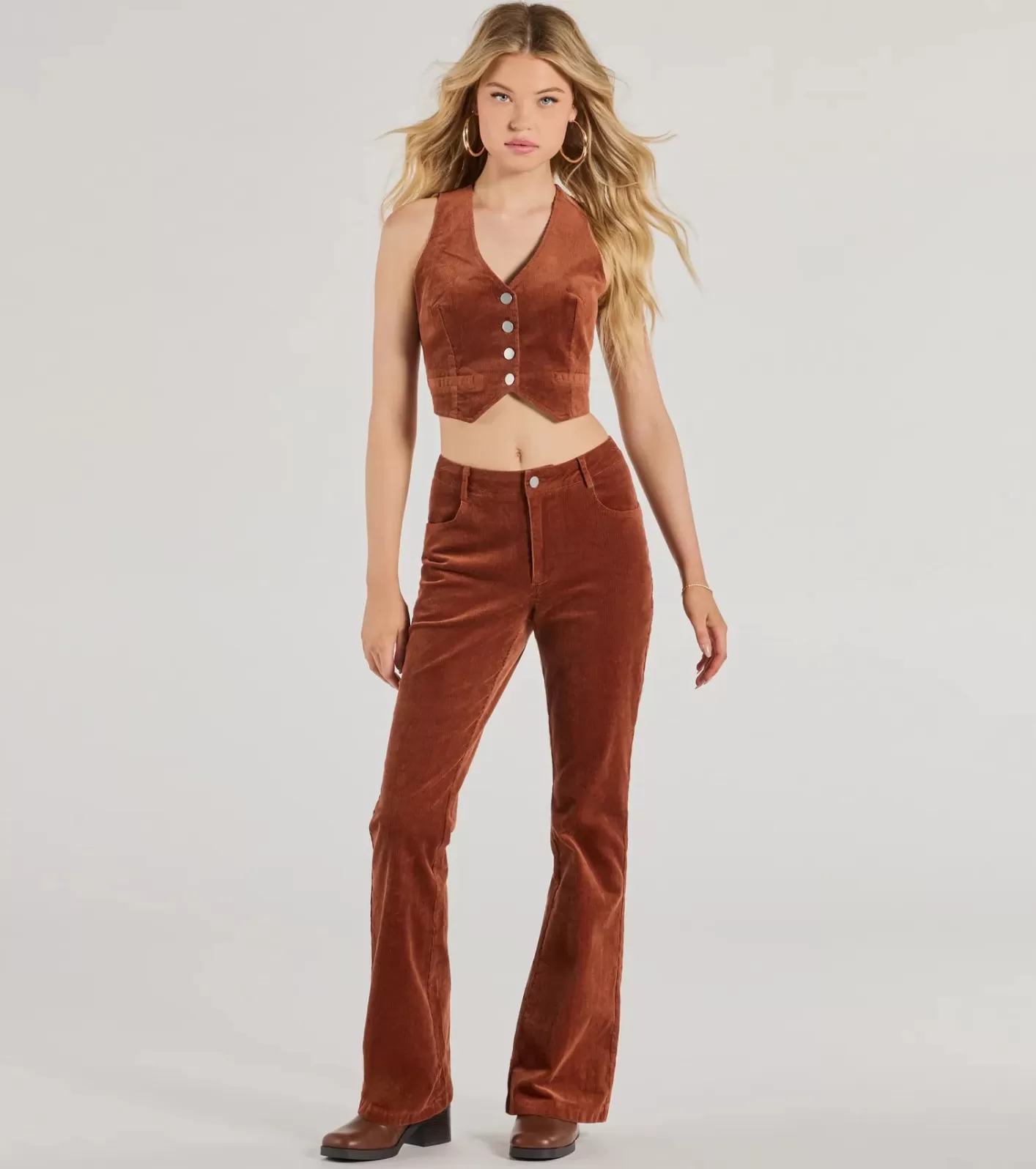 Windsor Retro Chic Corduroy High-Rise Flare Pants RUST Online