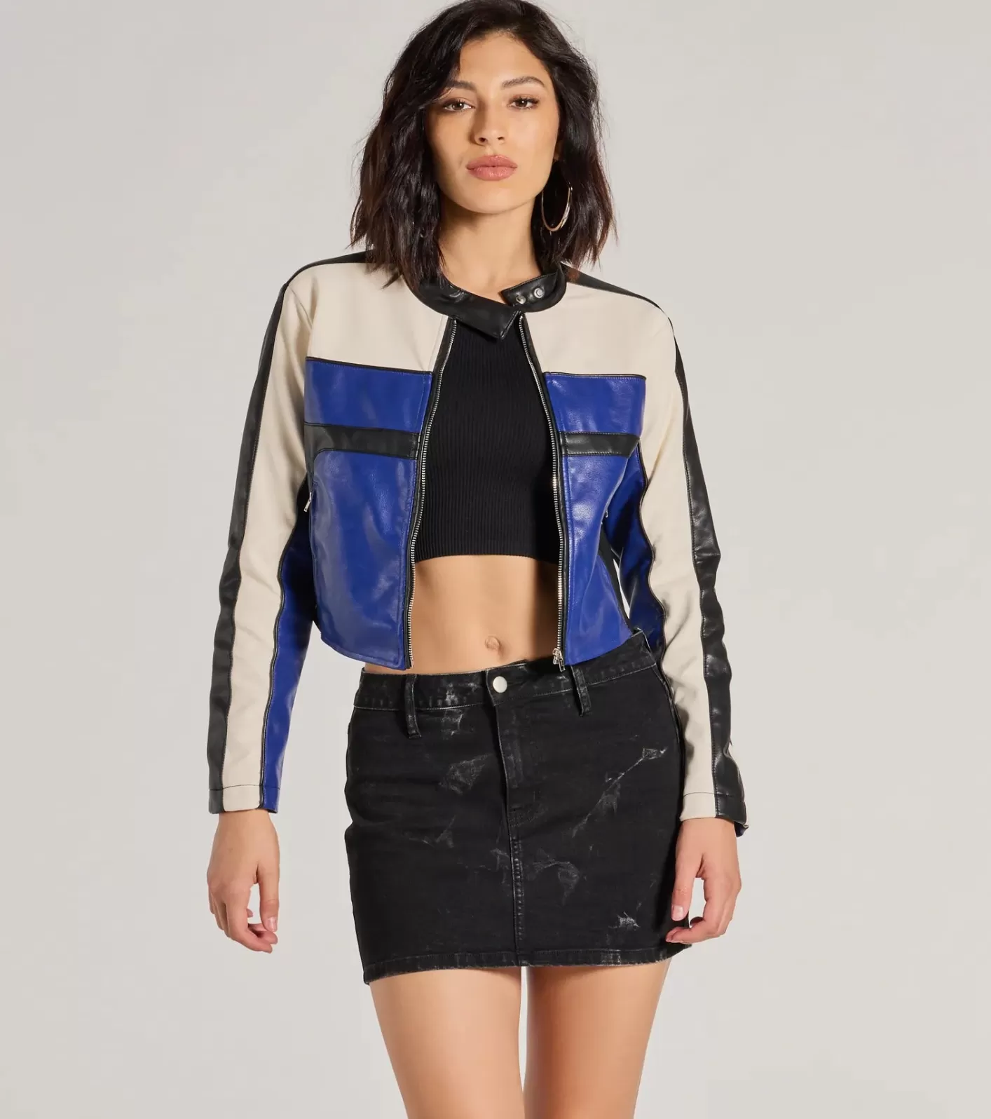 Windsor Ride In Style Faux Leather Moto Crop Jacket NAVY Best