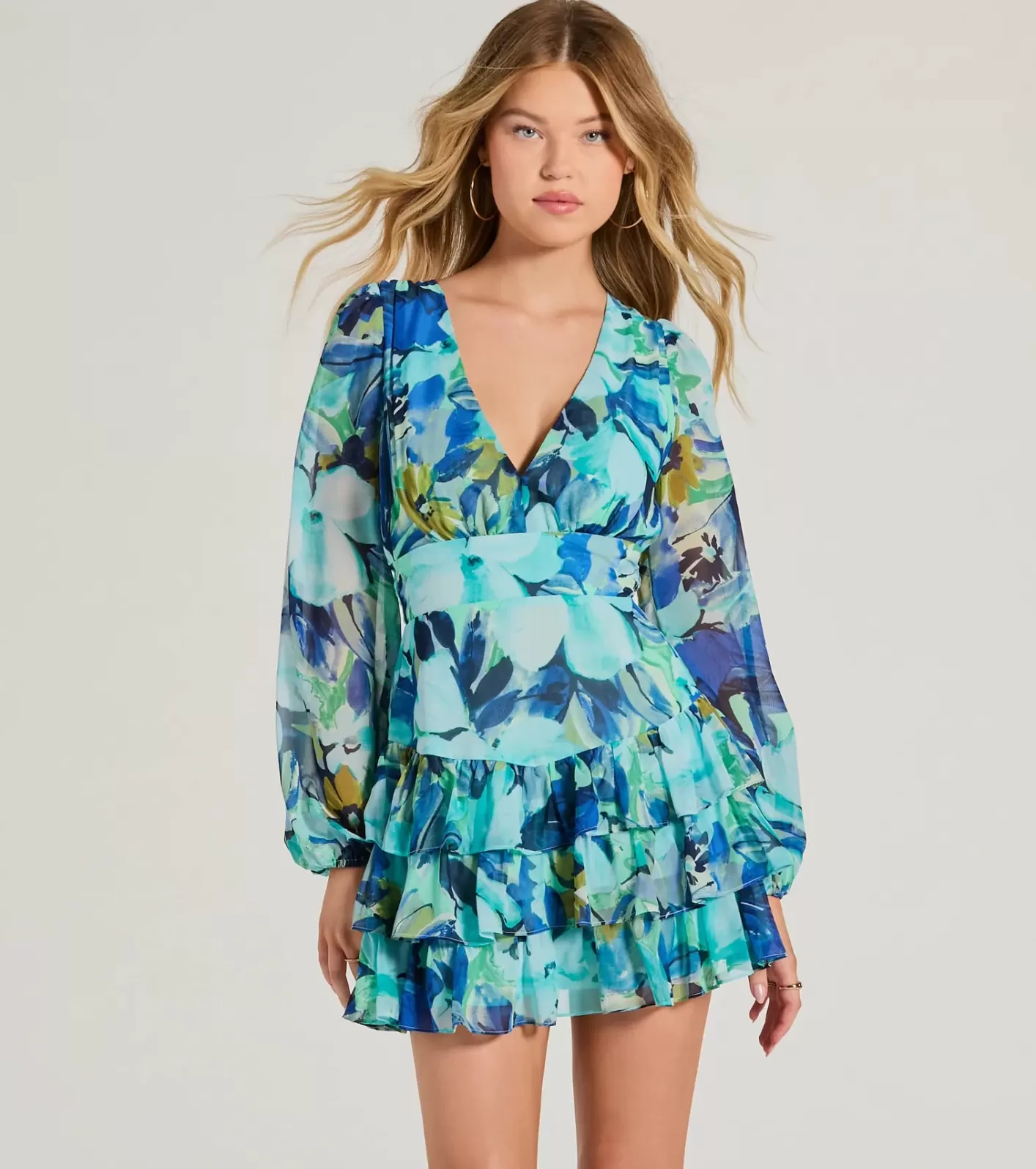 Windsor Right Impression V-Neck Floral Ruffle Skater Dress BLUE New