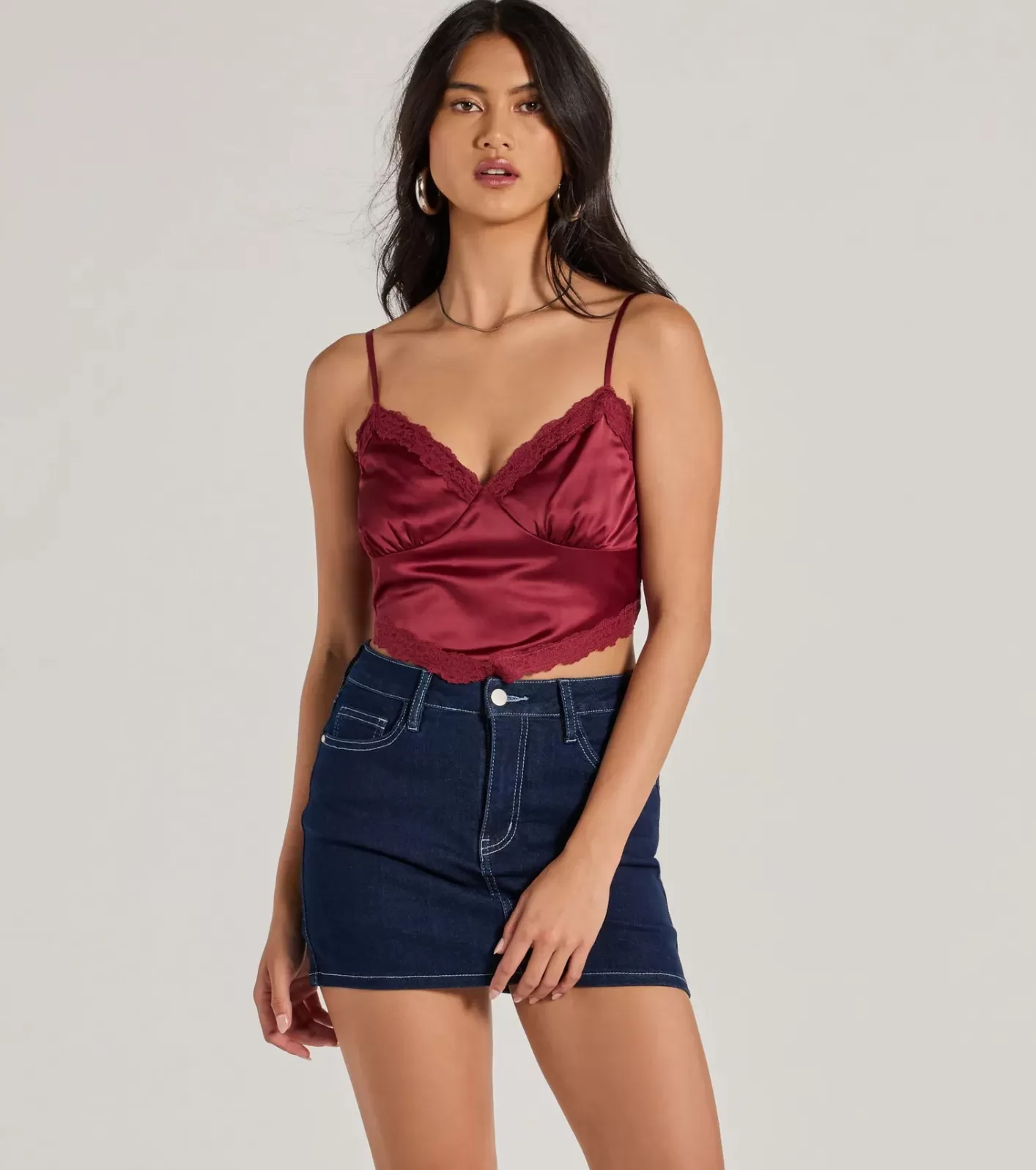 Windsor Romance In The Air Lace Trim Satin Cami Crop Top RAISIN Best Sale