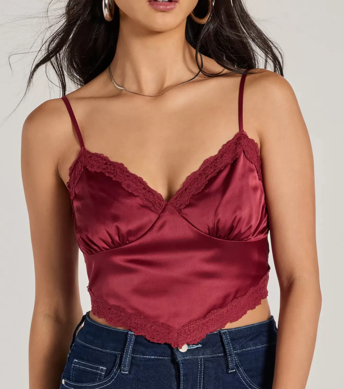 Windsor Romance In The Air Lace Trim Satin Cami Crop Top RAISIN Best Sale