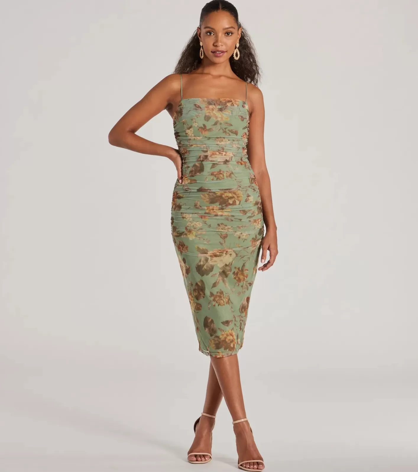 Windsor Romance Will Blossom Corset Floral Mesh Midi Dress SAGE Outlet